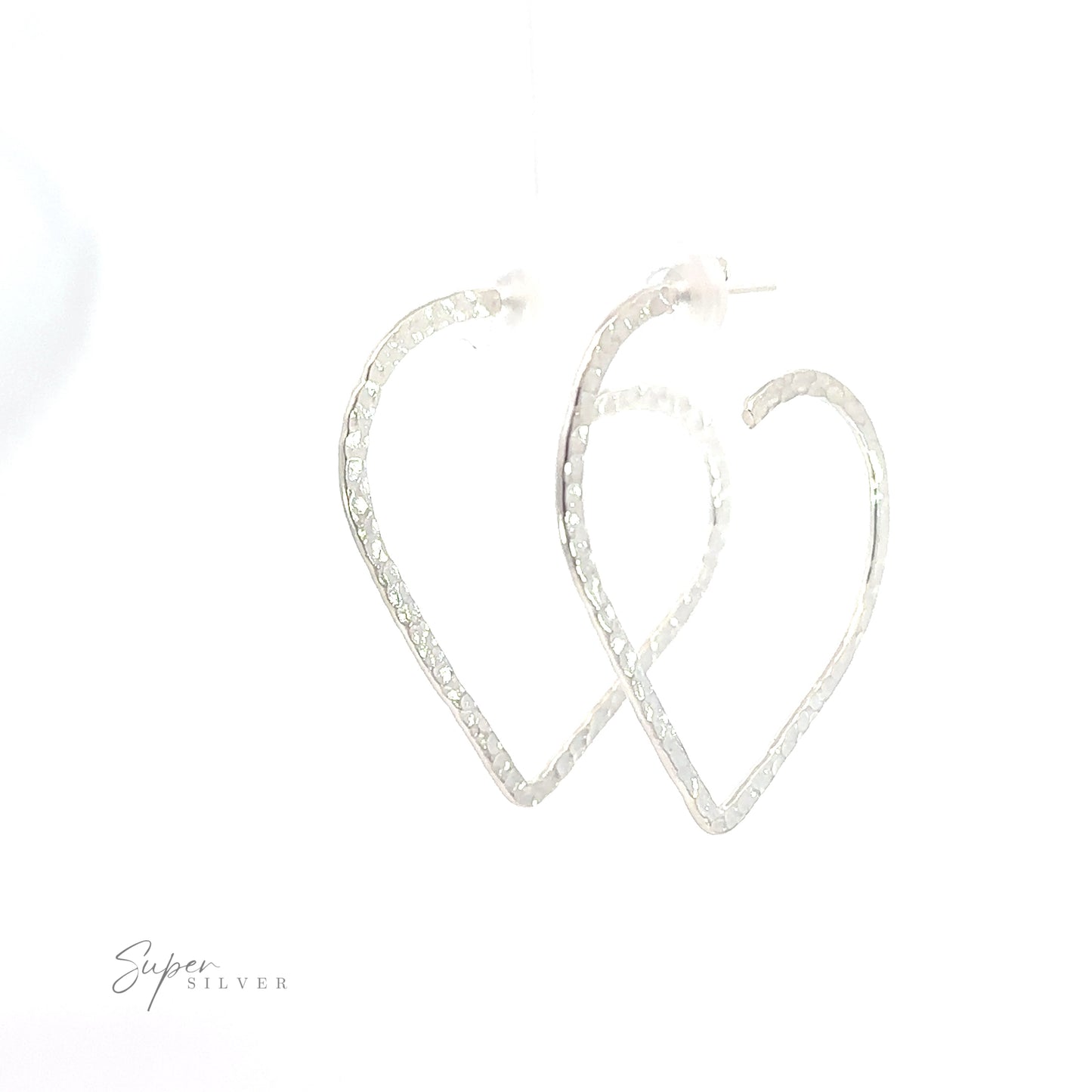 A pair of Textured Heart Hoop Earrings on a white background, measuring 1.75 inches long in .925 Sterling Silver.
