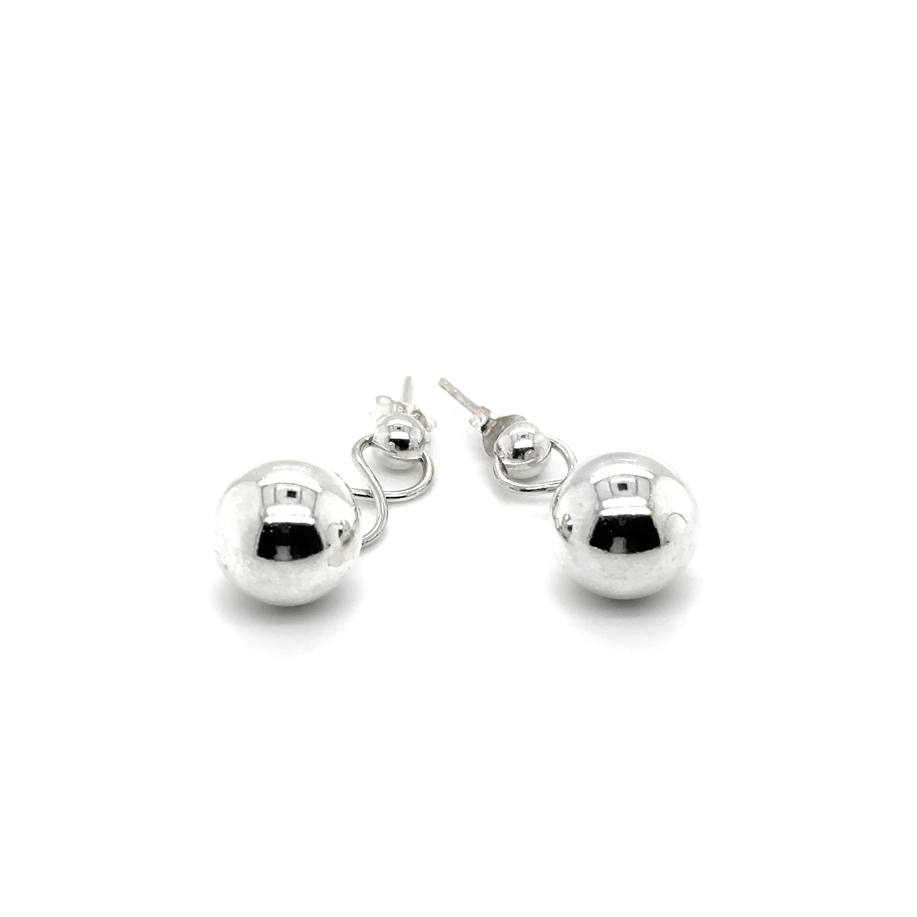 A pair of Super Silver Dangly Silver Ball Earrings attached by an infinity loop on a white background.