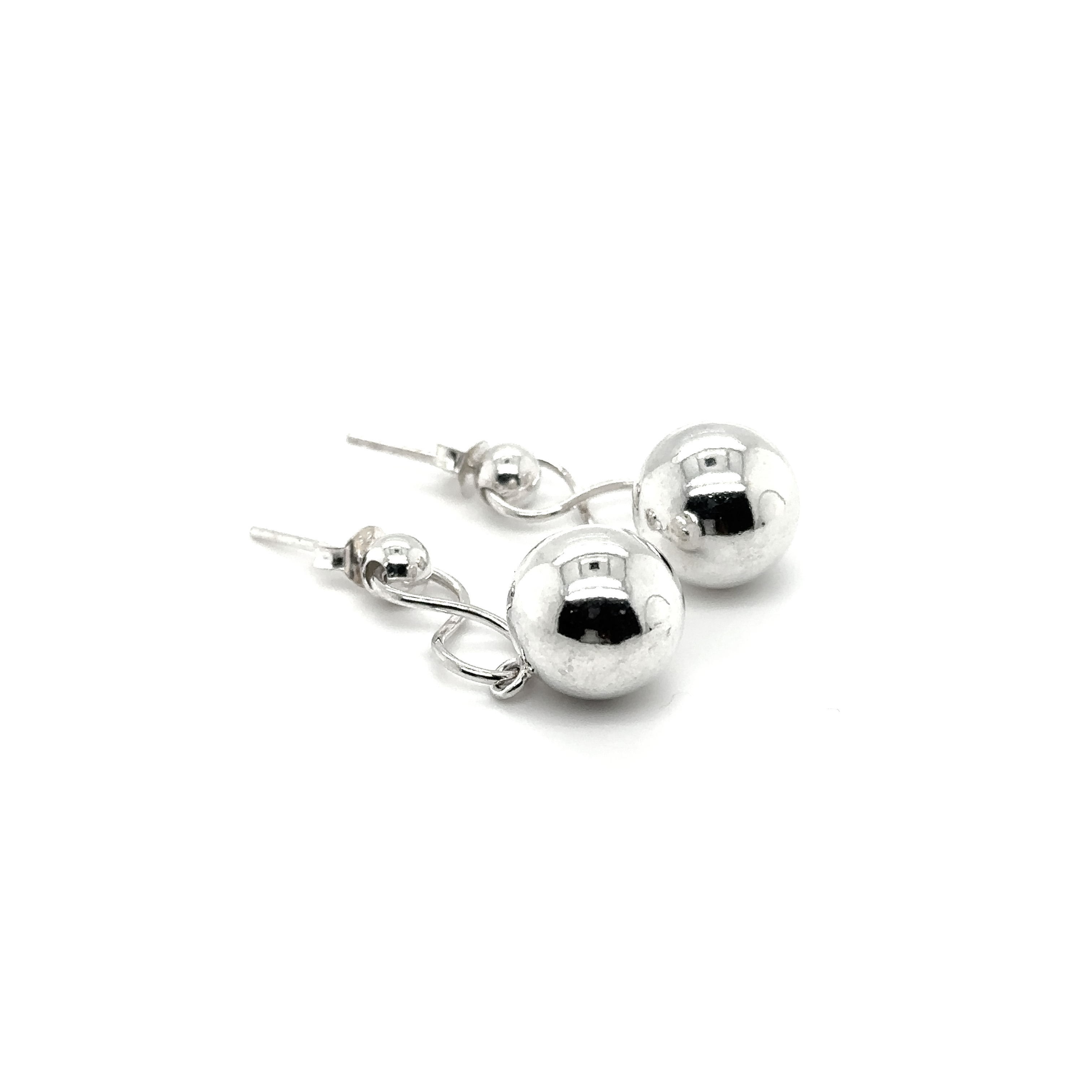 A pair of Super Silver Dangly Silver Ball Earrings with an infinity loop design, showcased on a white background.