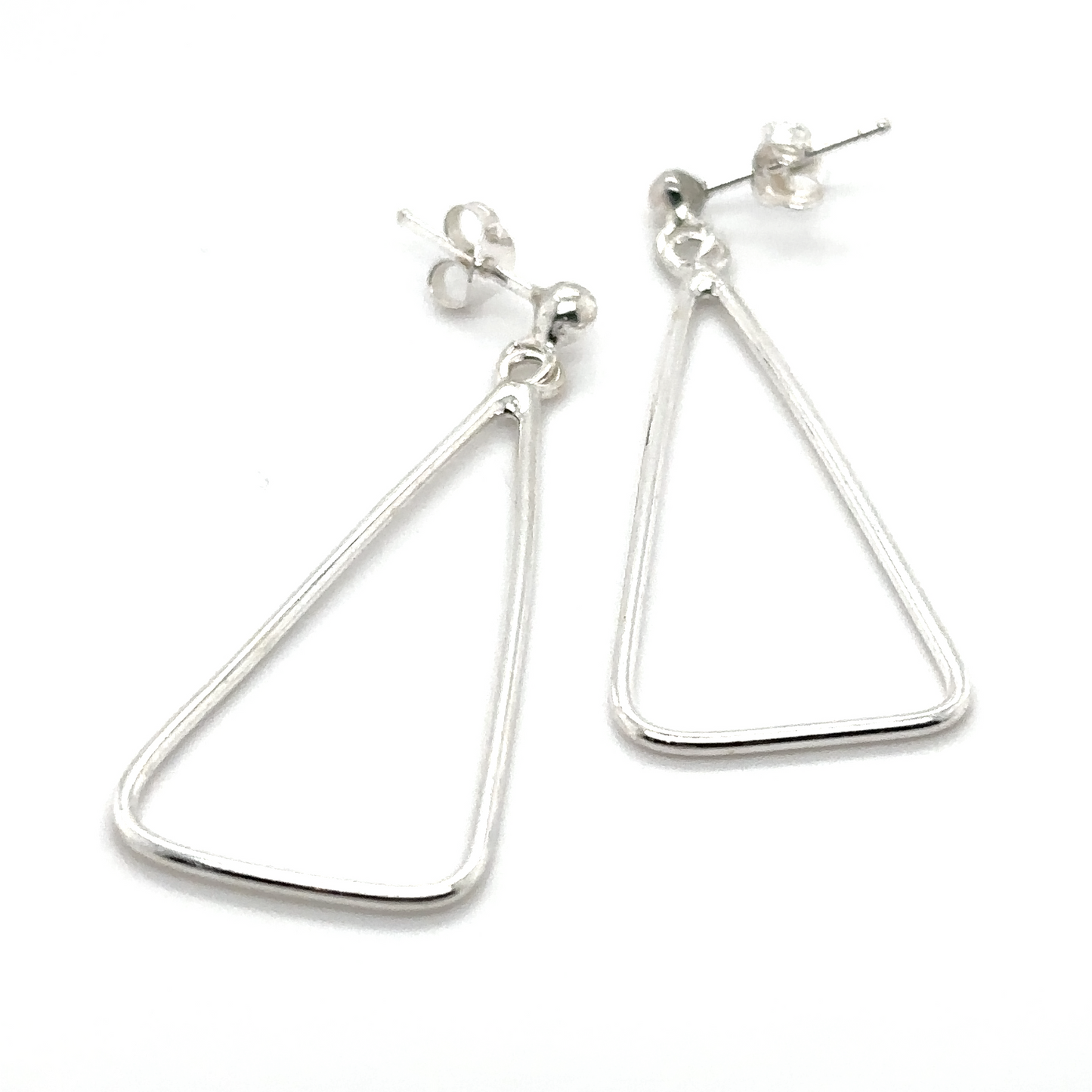 A pair of Super Silver Wire Triangle Earrings on a minimalist white background.