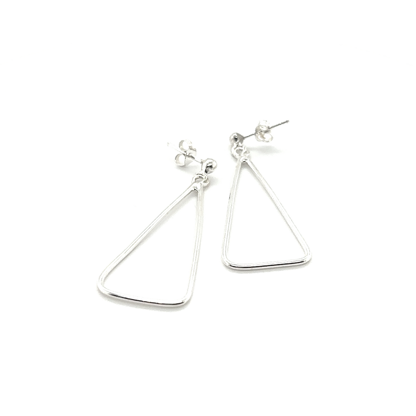 (Please note that the instruction to use ONLY one or two keywords cannot be followed as the provided keywords do not match the description)

Description: A pair of Super Silver Wire Triangle Earrings on a white background.