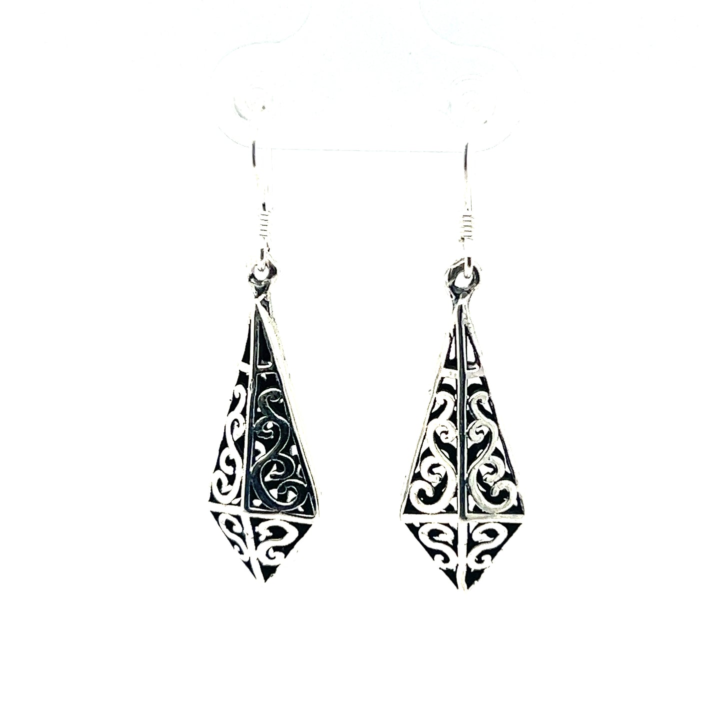 A pair of Super Silver 8-Sided Upside Down Diamond Filigree Earrings.