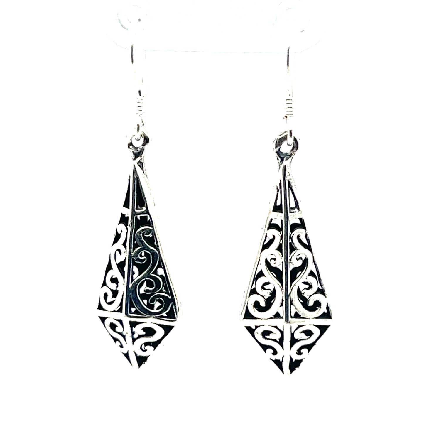 
                  
                    A pair of Super Silver 8-Sided Upside Down Diamond Filigree earrings with intricate filigree designs.
                  
                