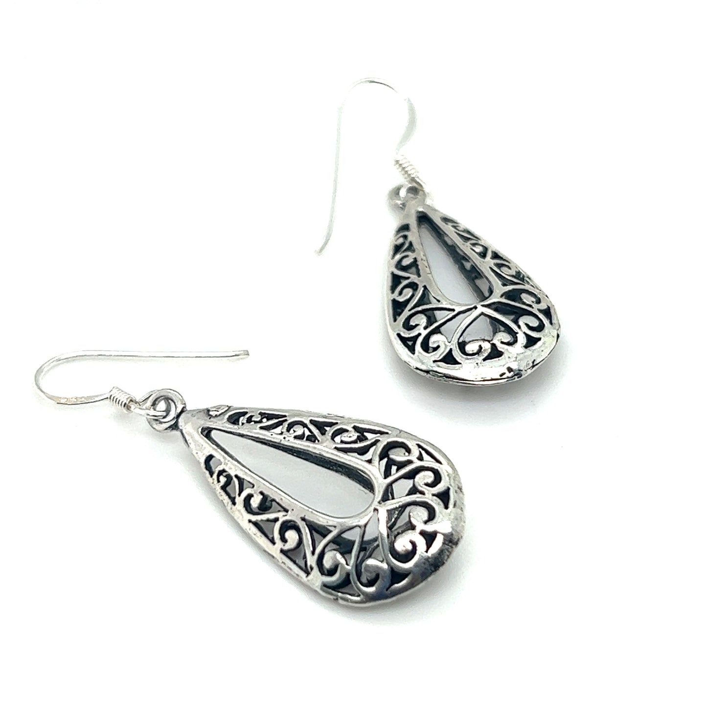 A pair of Super Silver Filigree Teardrop Earrings with Open Center.