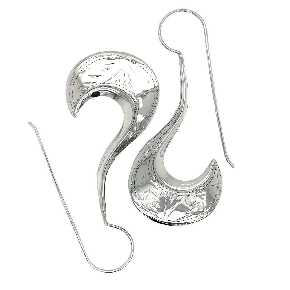 
                  
                    A pair of Super Silver Etched Victorian Style Curved Earrings.
                  
                