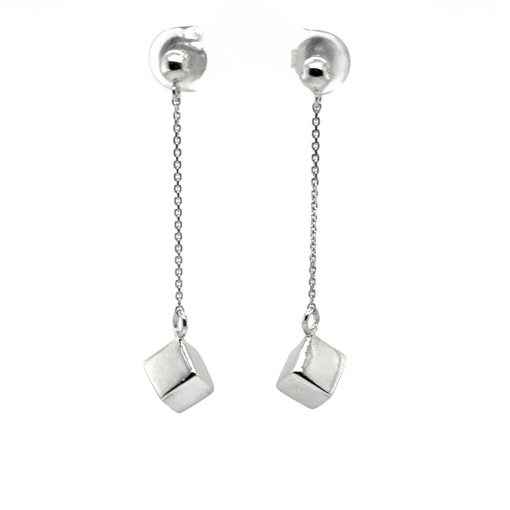 A pair of Super Silver silver drop earrings with a solid cube delicately hanging from a chain.