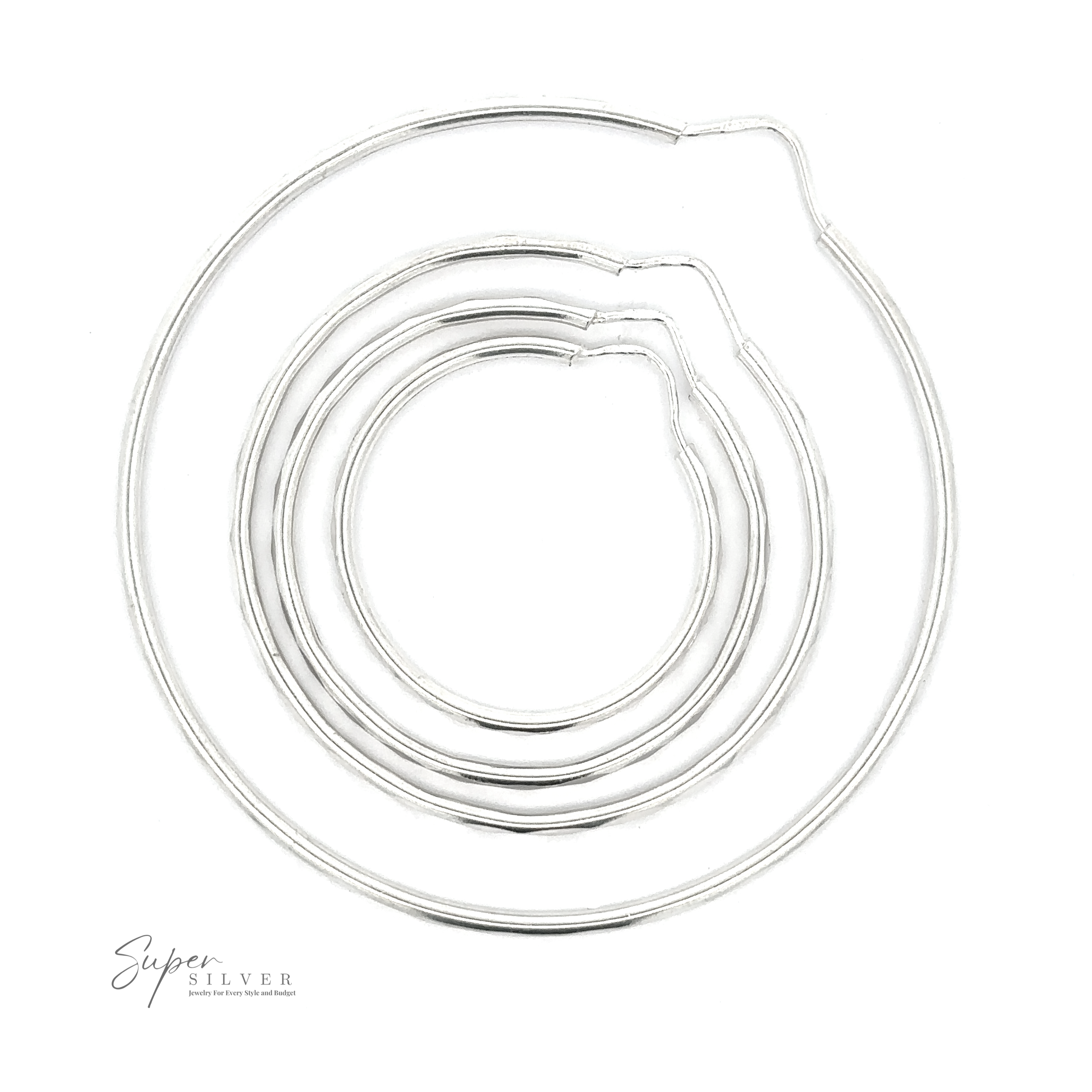1.5mm Faceted Silver Infinity Hoops in various sizes laid out in a circular arrangement on a white background, showcasing a simple and elegant design with a rhodium finish.