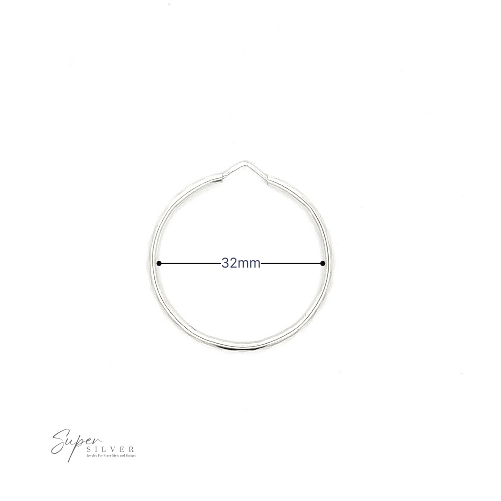 
                  
                    1.5mm Faceted Silver Infinity Hoops earring with a rhodium finish, measuring 32mm in diameter, displayed on a white background with a logo reading "super silver" at the bottom.
                  
                