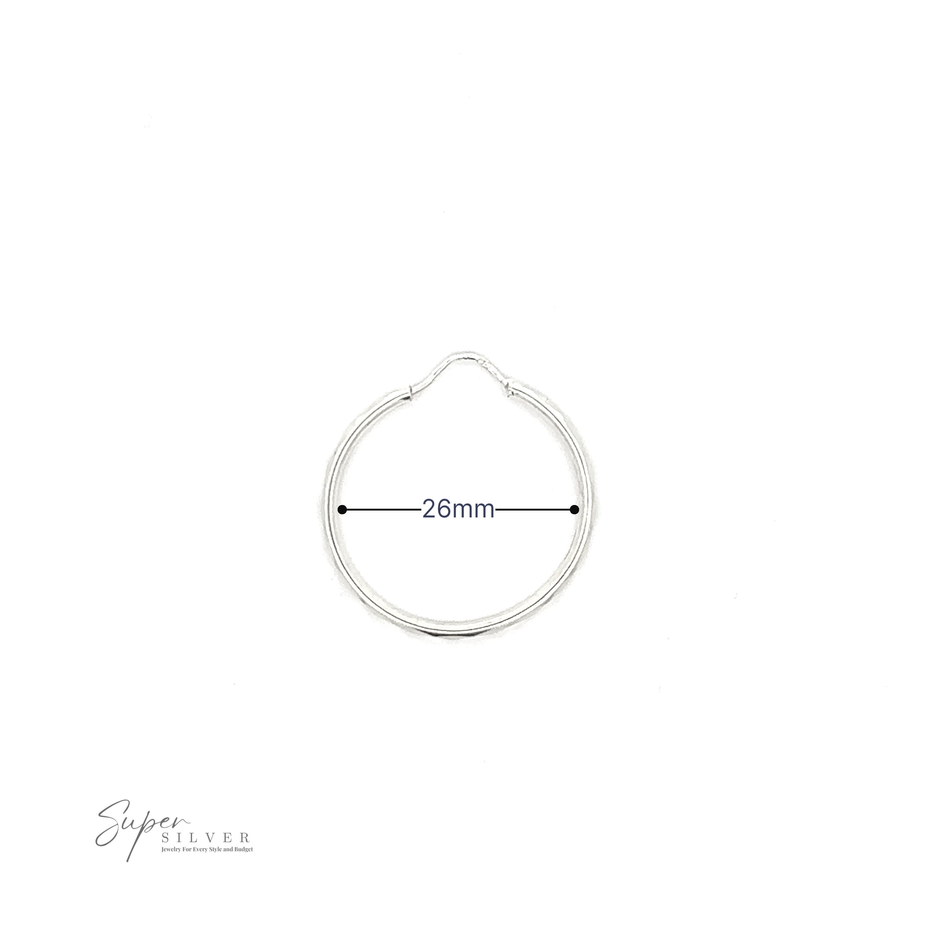 1.5mm Faceted Silver Infinity Hoops with a 26mm diameter measurement indicated, displayed on a white background with "super silver" signature at the bottom, featuring a rhodium finish.