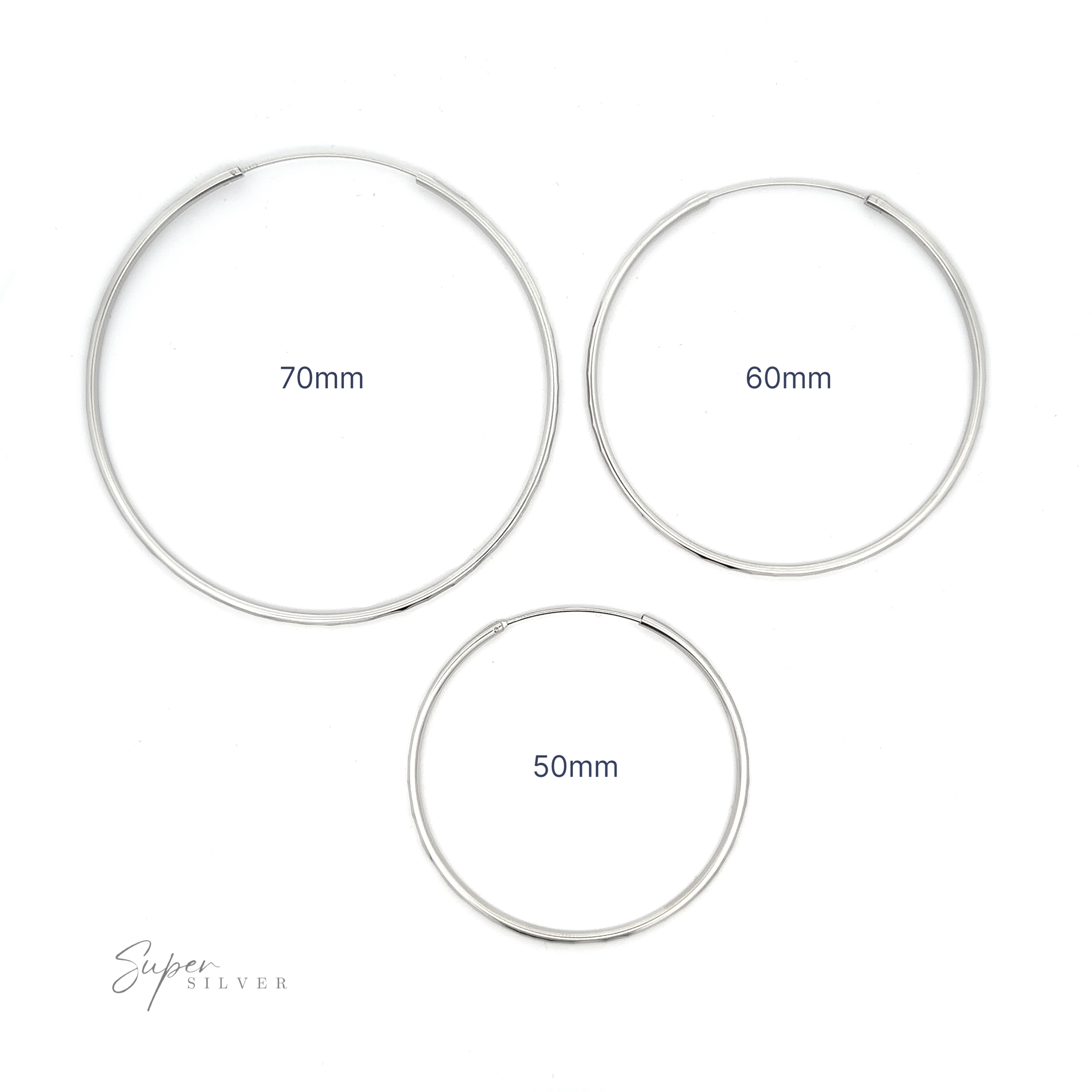 Three 2mm Diamond Cut Hoop Earrings of varying sizes: 70mm, 60mm, and 50mm, made from .925 Sterling Silver, displayed on a white background with a "super silver" signature.