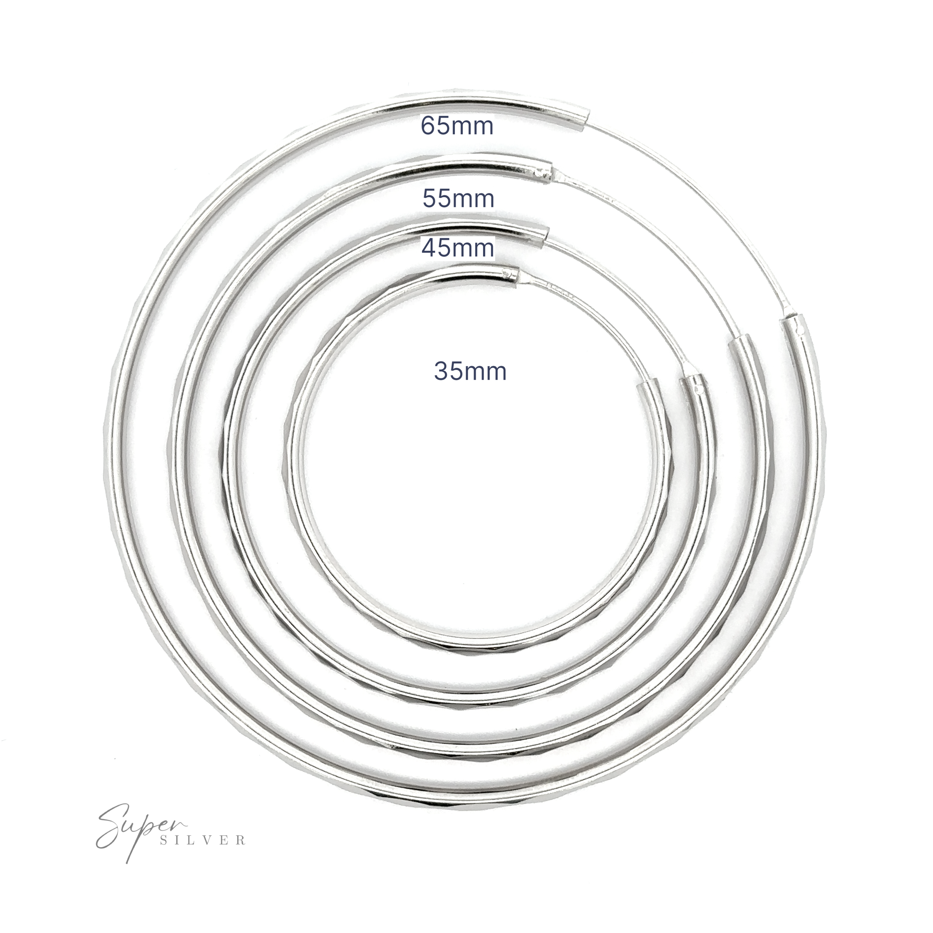 A set of four 3mm Thick Rhodium Finished Diamond Faceted Hoops in different sizes—65mm, 55mm, 45mm, and 35mm—arranged in a concentric pattern. Crafted from .925 Sterling Silver with a dazzling rhodium finish, the text "Super Silver" graces the bottom left.