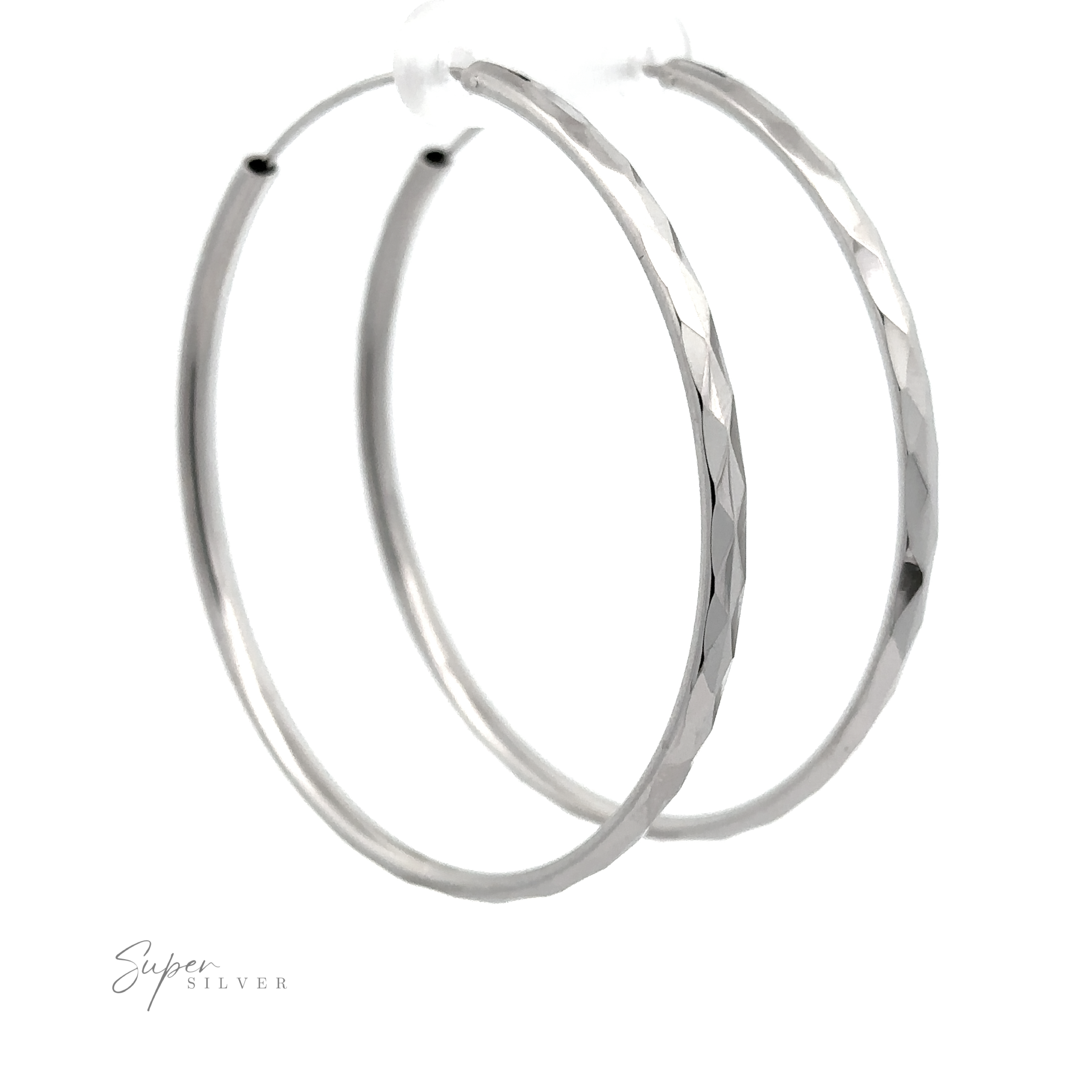 A close-up image of two thin, textured 3mm Thick Rhodium Finished Diamond Faceted Hoops with a sparkling diamond-faceted design. The branding "Super Silver" is faintly visible at the bottom left corner.