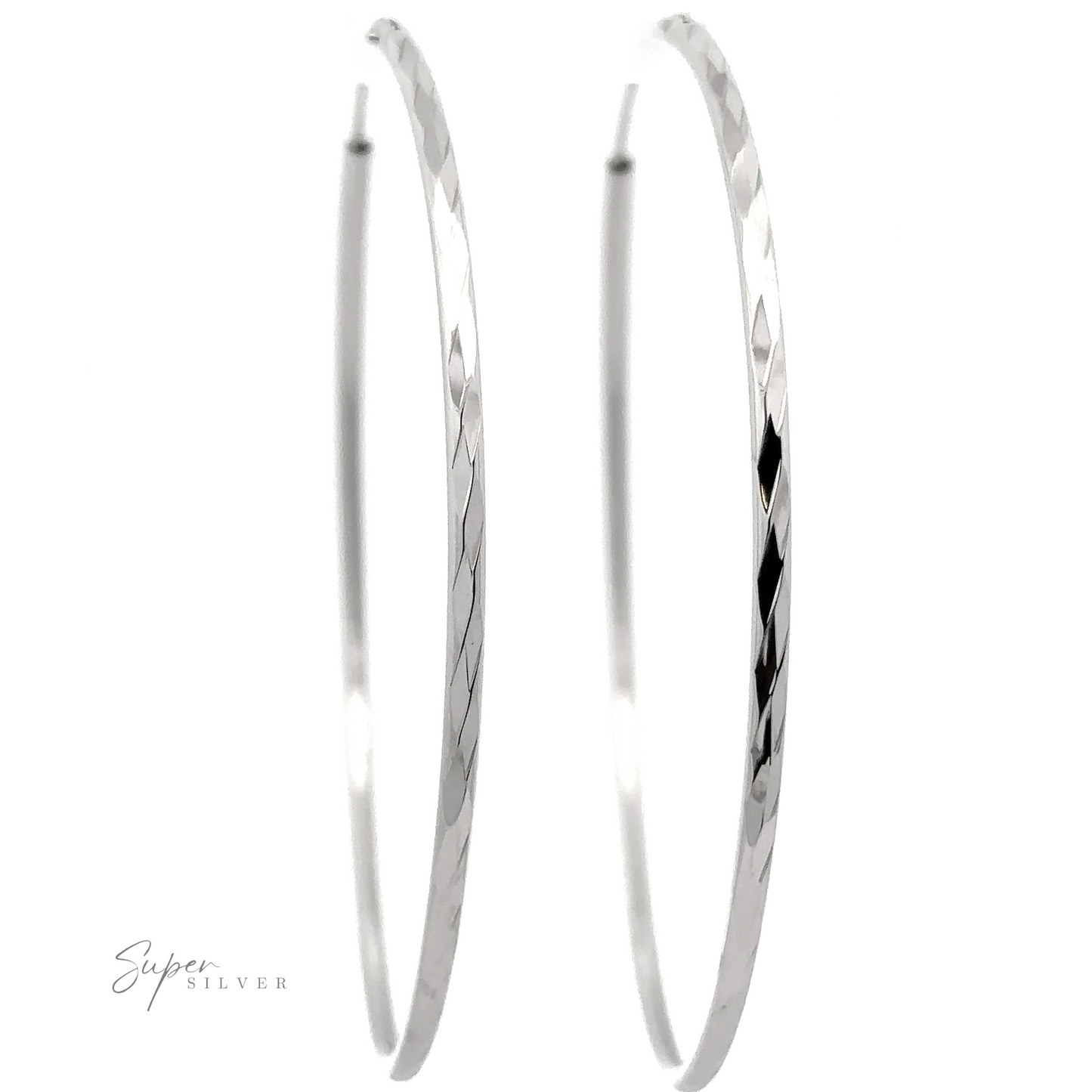 
                  
                    Large, thin Sparkling 2mm Faceted Twisted Hoops with a subtle textured pattern and a rhodium finish, displayed against a plain white background. A "Super Silver" watermark is visible in the lower left corner.
                  
                