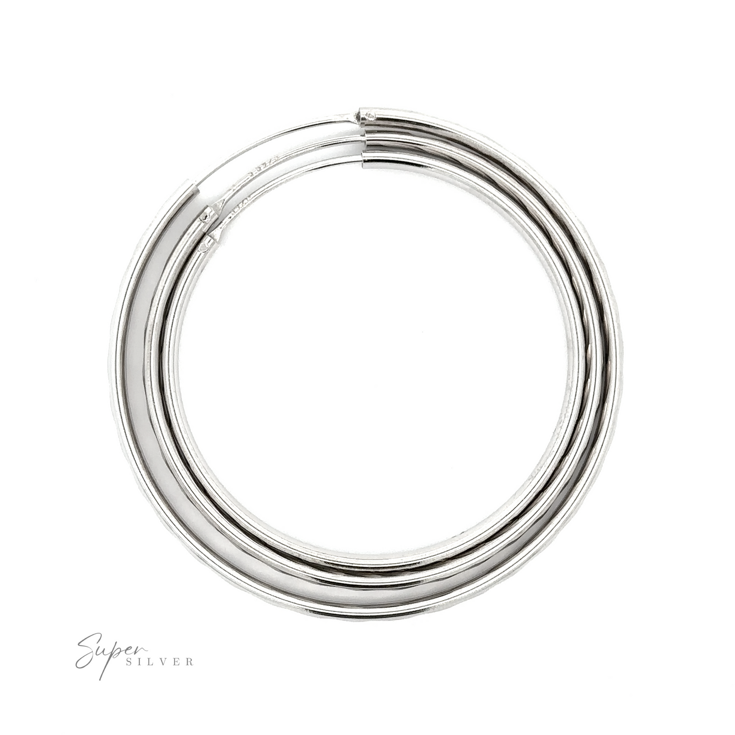 
                  
                    Three intertwined 3mm Chevron Faceted Hoops bangle bracelets on a white background, with a visible hinge and clasp, the brand "super silver" inscribed at the bottom.
                  
                