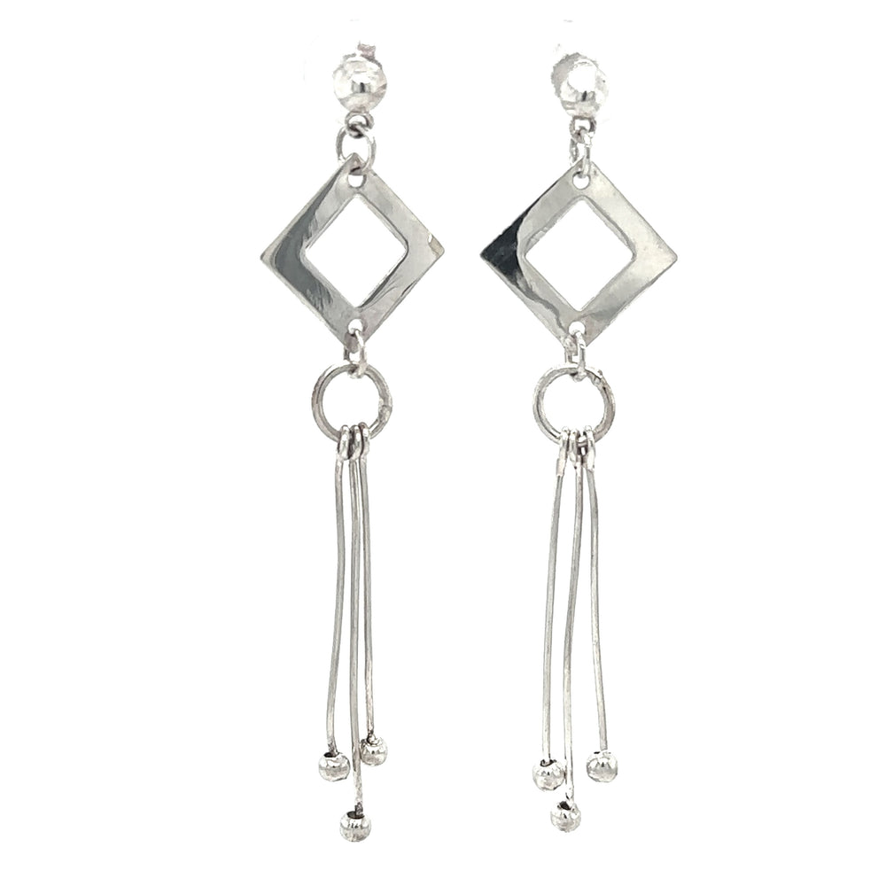 A pair of Super Silver Diamond Shaped Post Earrings with Tassels.