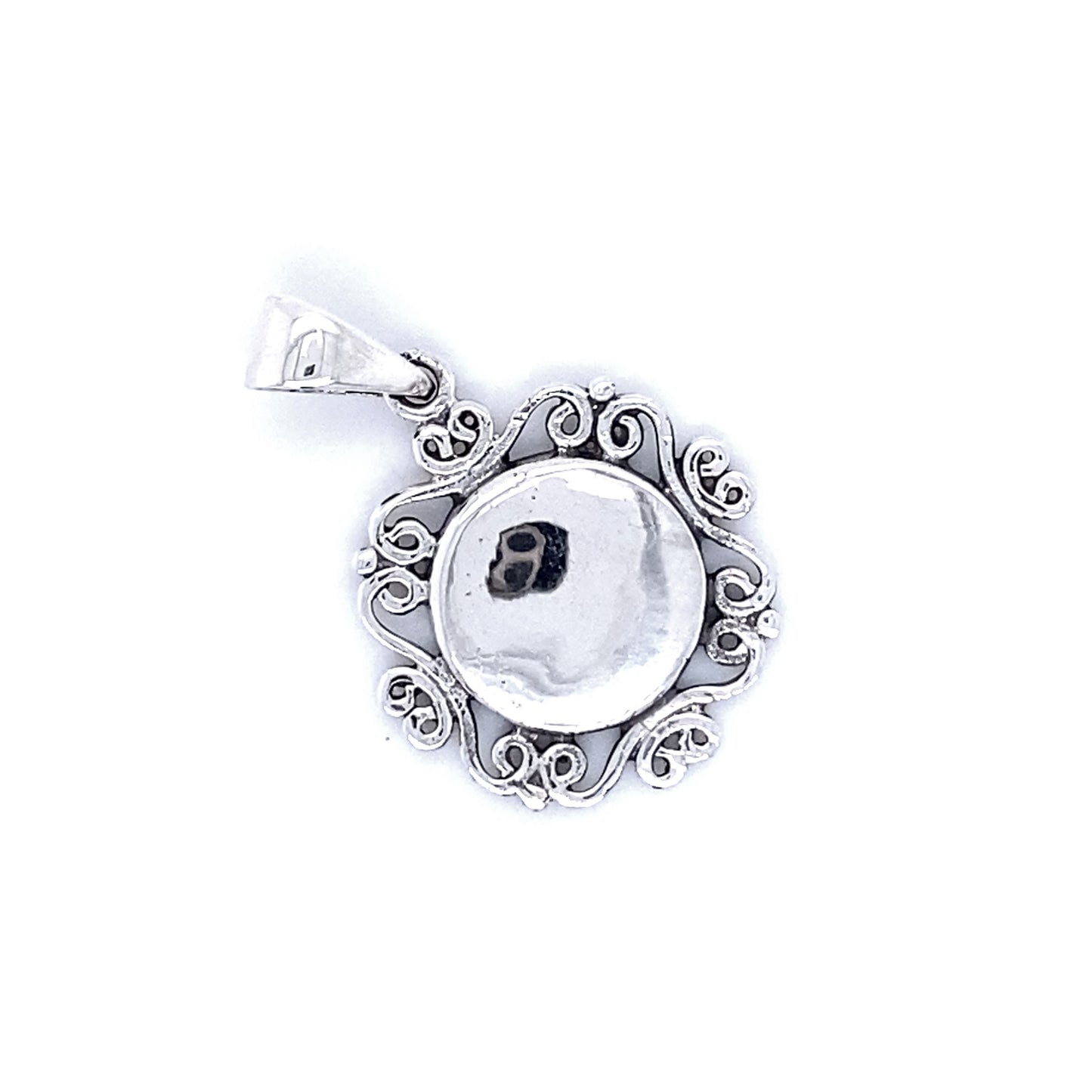 
                  
                    Engravable Pendant with Filigree Border with a round reflective centerpiece, surrounded by an ornate filigree design. Perfect as a personalized gift, it offers the option of custom engraving to make it truly unique.
                  
                