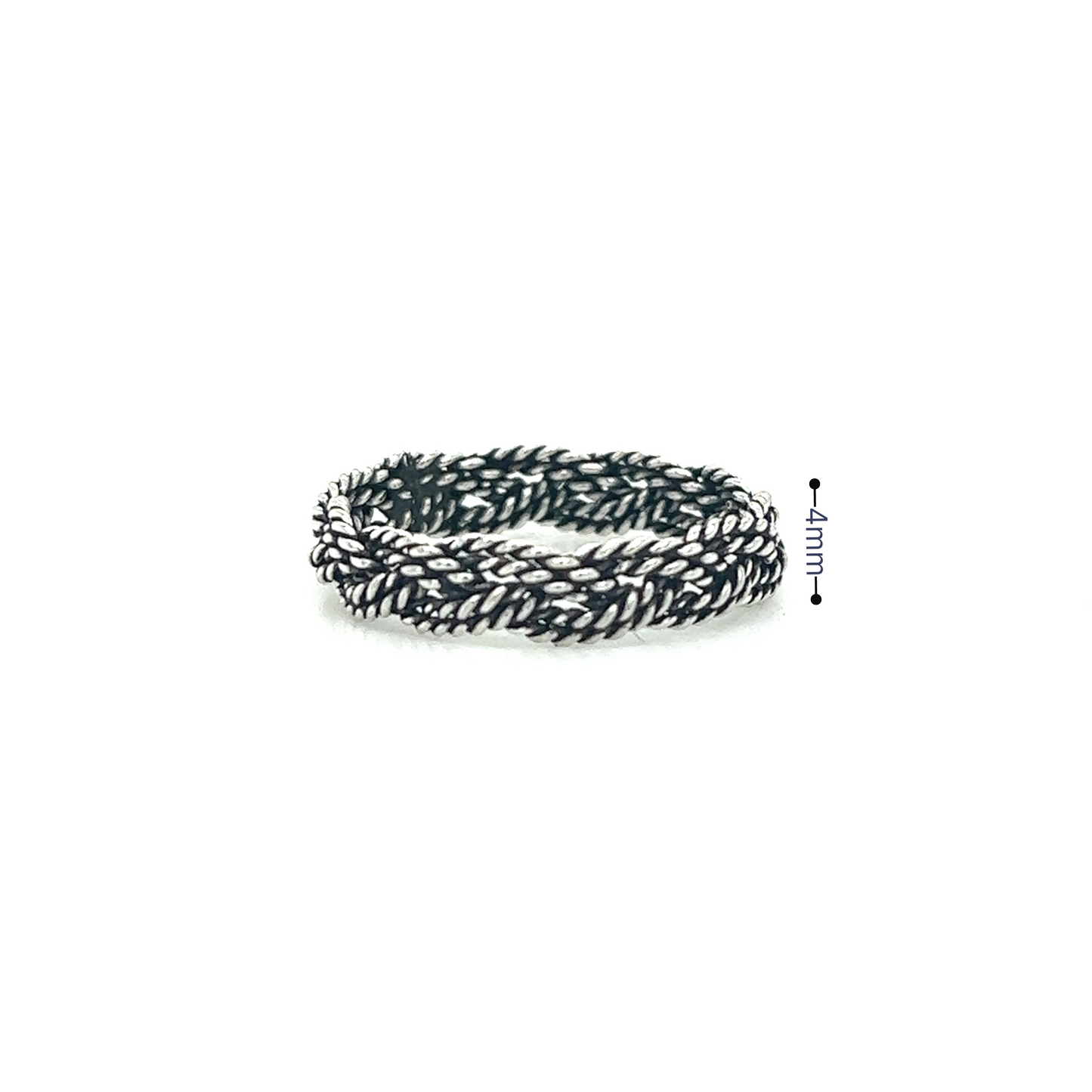 An artisanal craftsmanship showcasing a Super Silver Twisted Rope Band Ring on a white surface, featuring a dark oxidized finish.