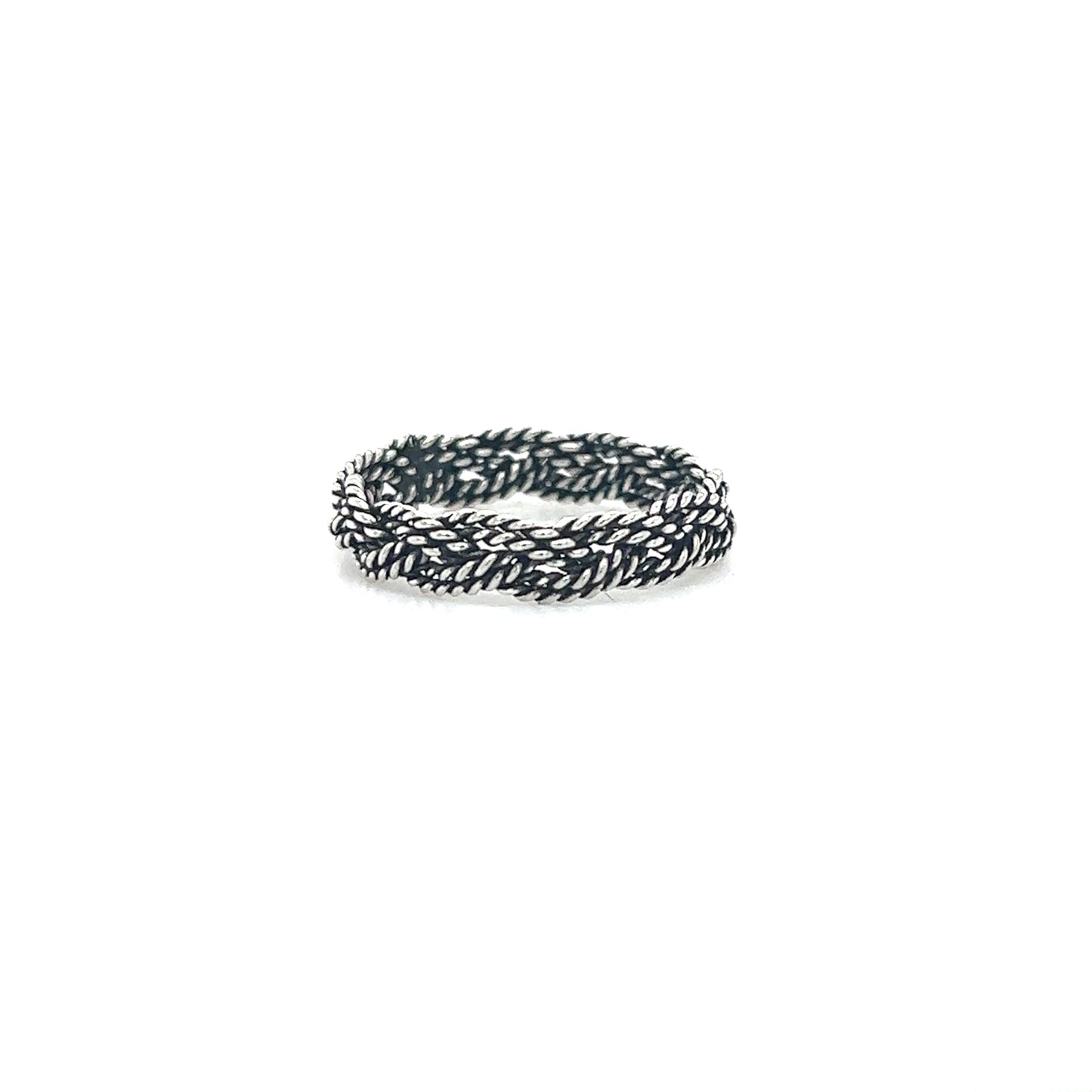 
                  
                    An artisanal craftsmanship Twisted Rope Band Ring with a twisted oxidized rope design and a dark oxidized finish, set against a pristine white background, by Super Silver.
                  
                