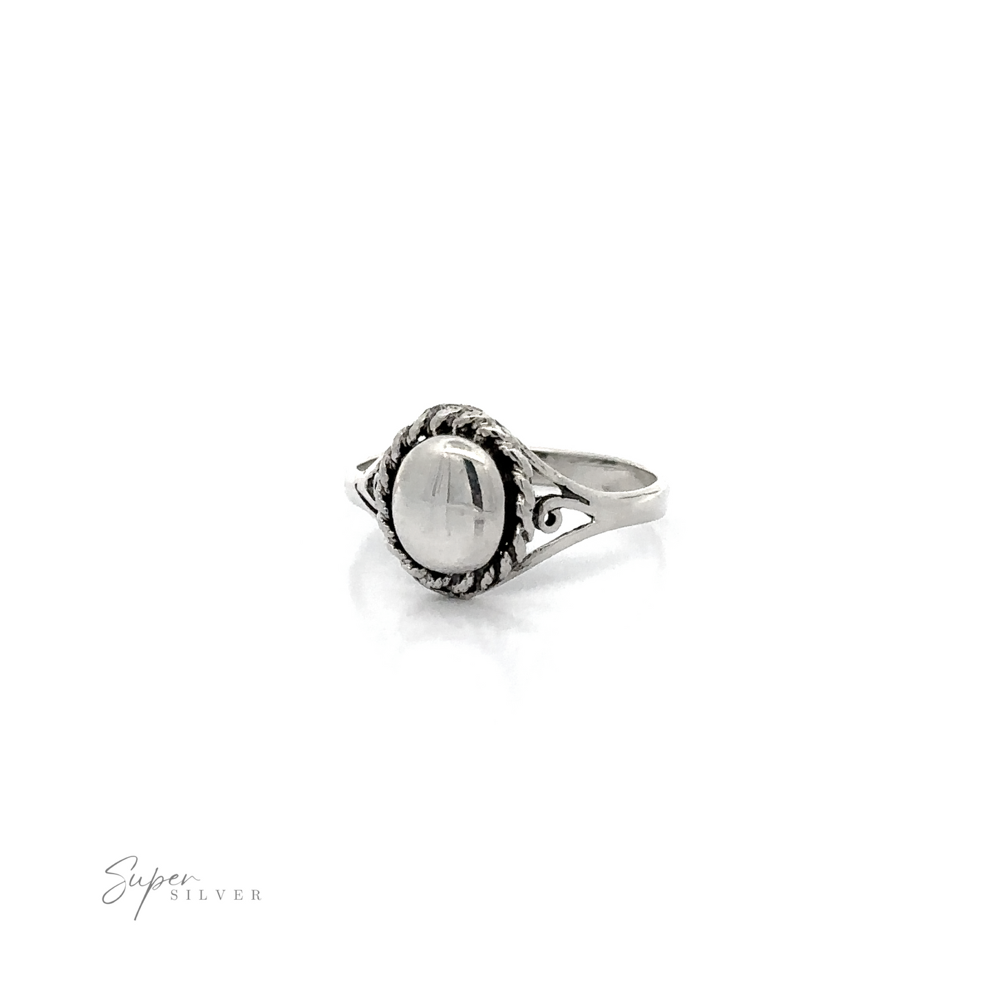 
                  
                    A Silver Ring With Oval Design With A Rope Border.
                  
                