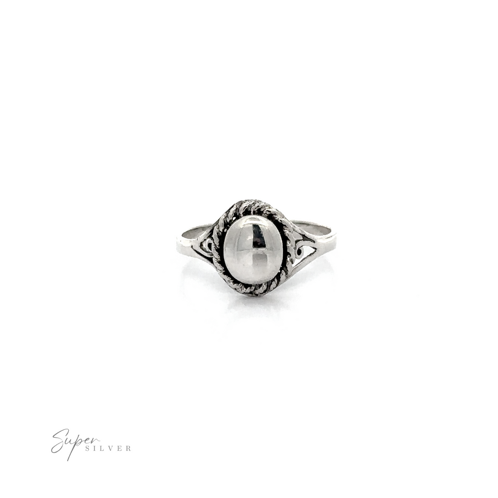 
                  
                    Silver Ring With Oval Design With A Rope Border: The product name silver ring with oval design with a rope border perfectly matches the description in the sentence.
                  
                