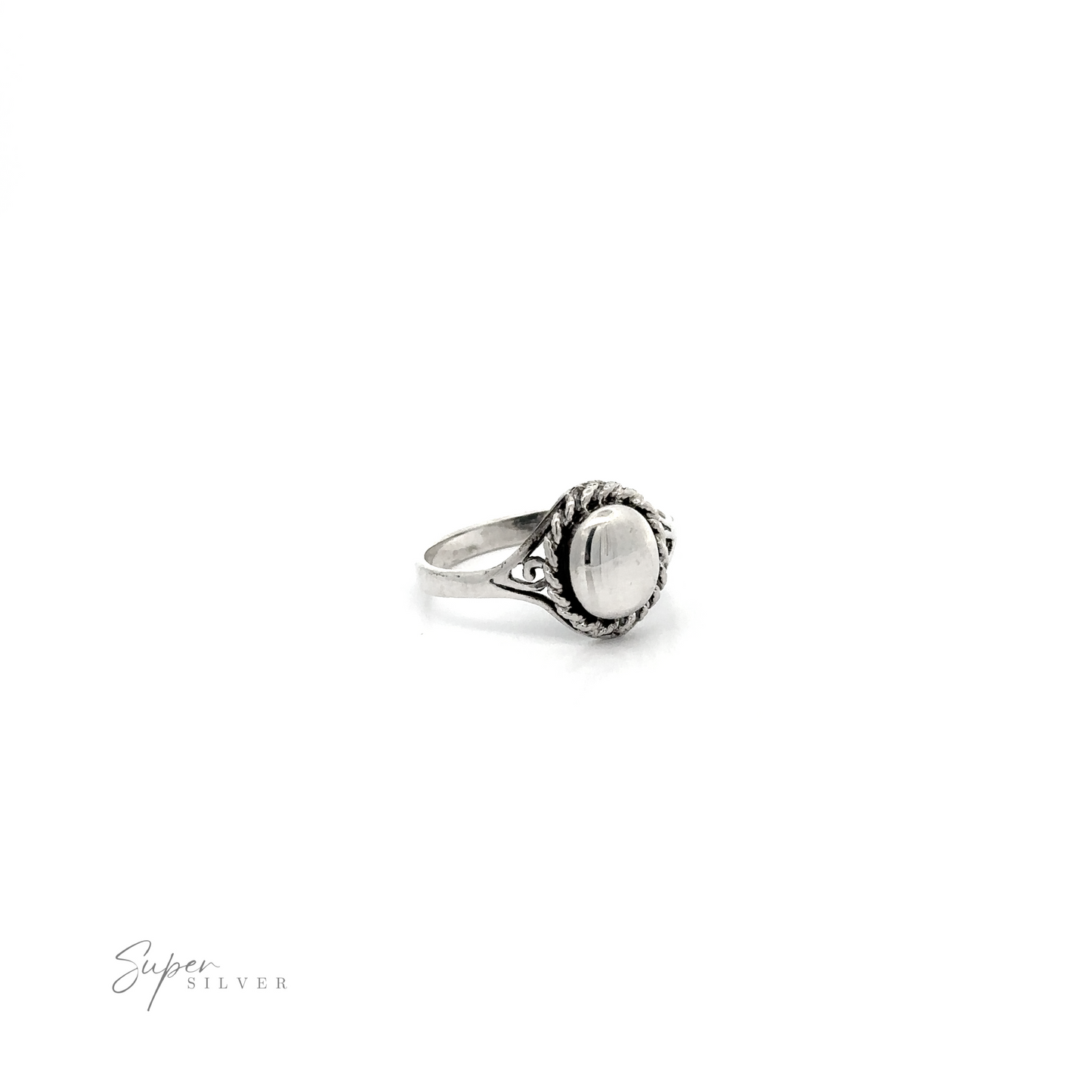 
                  
                    A Silver Ring With Oval Design With A Rope Border, featuring an oval design.
                  
                
