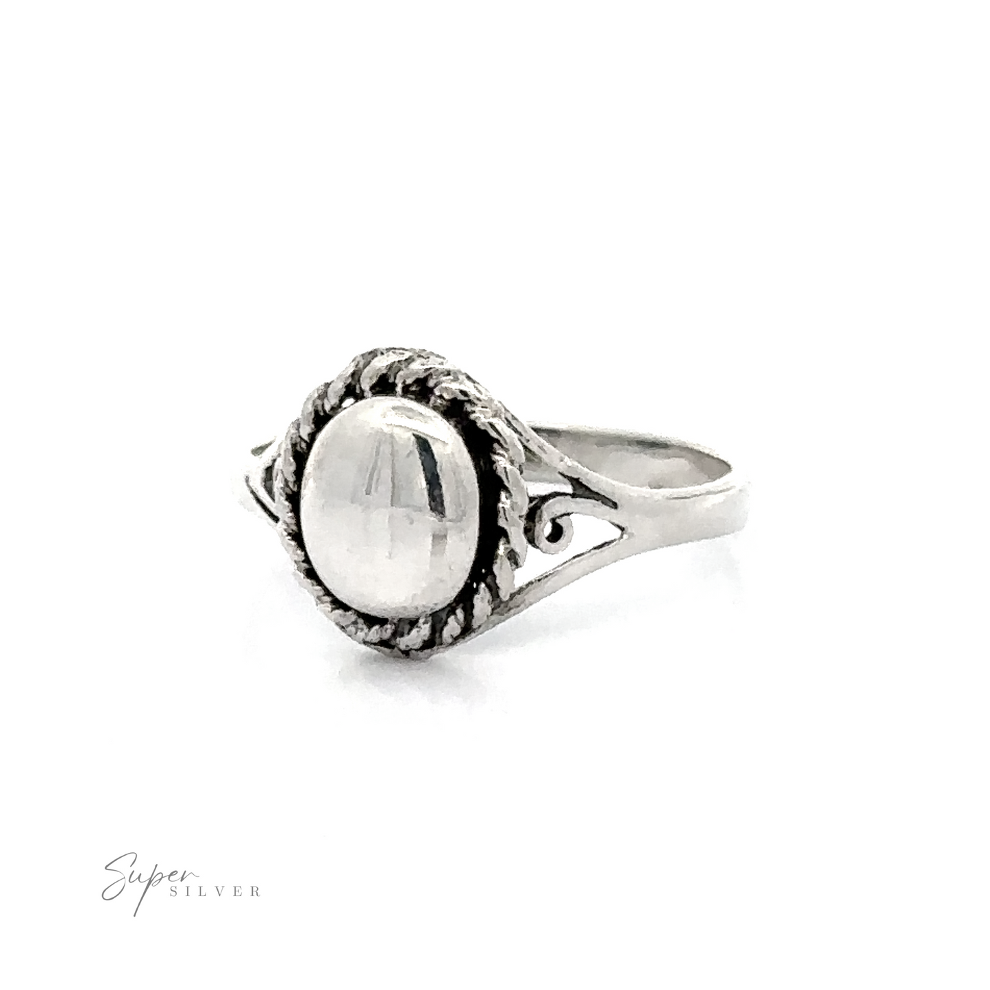 
                  
                    A Silver Ring With Oval Design With A Rope Border with a oval design and a rope border.
                  
                