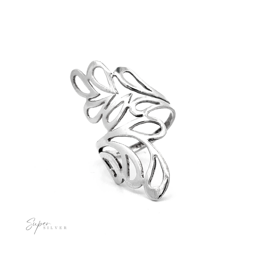 A Long Wrap Around Freestyle Ring with a leaf design.