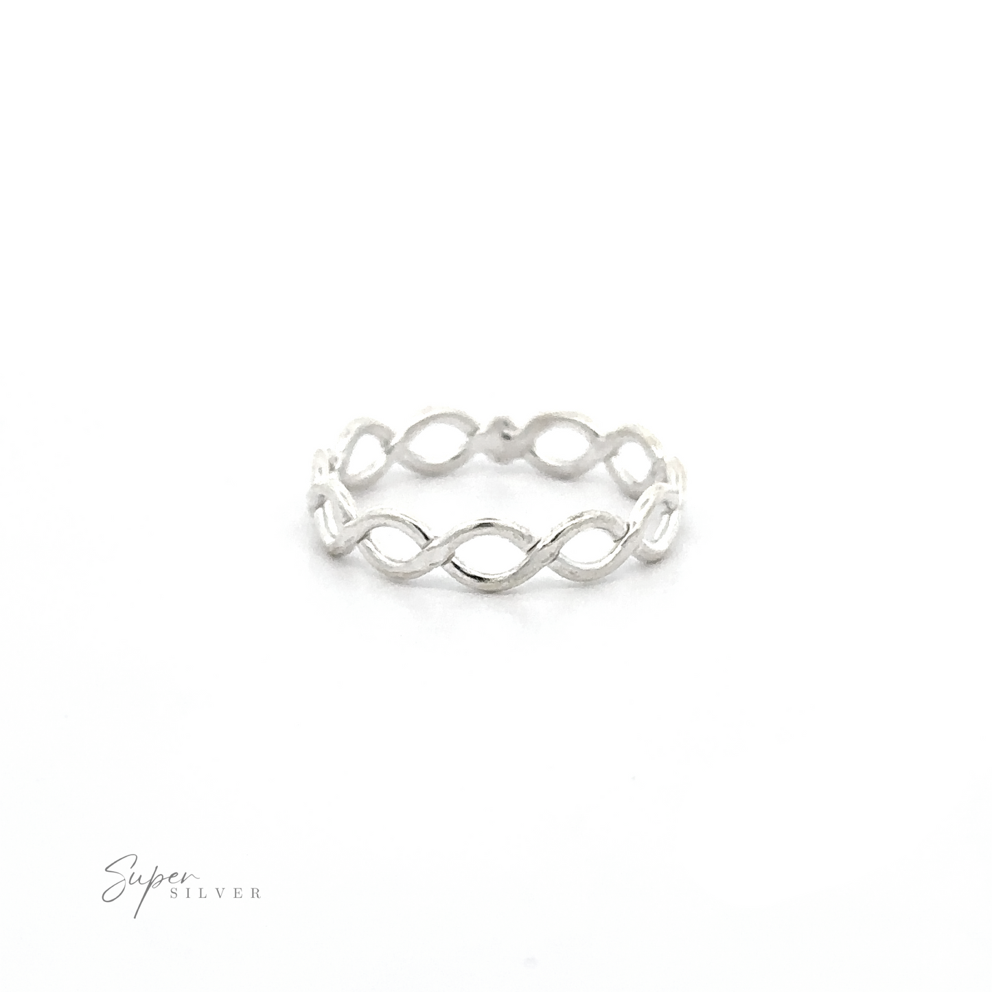 A Simple Weave Band infinity ring in sterling silver on a white background.