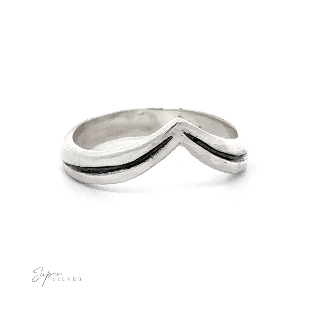 An oxidized Simple Chevron Ring sterling silver ring with black stripes on it.