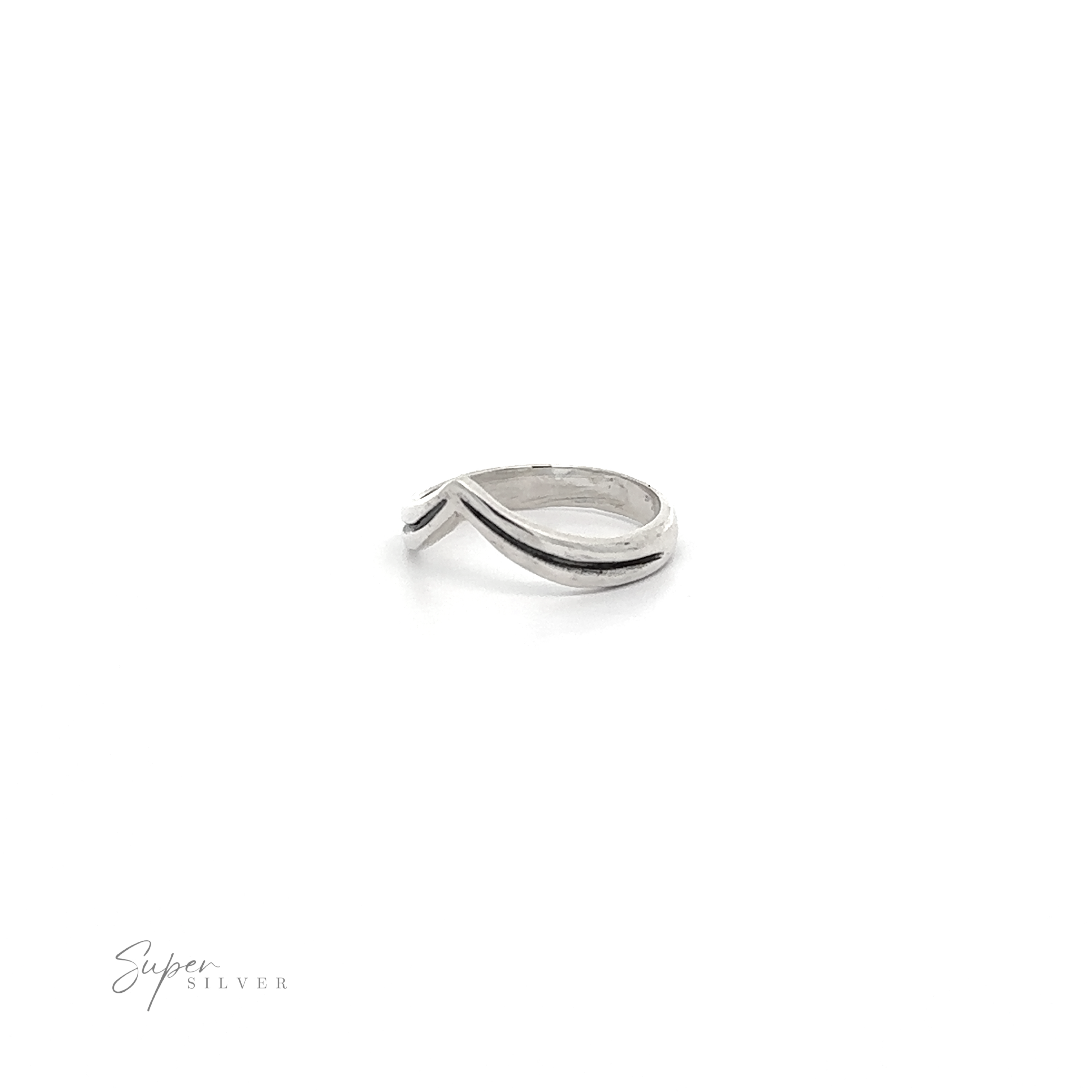 An oxidized sterling silver Simple Chevron Ring with a curved edge and chevron band.