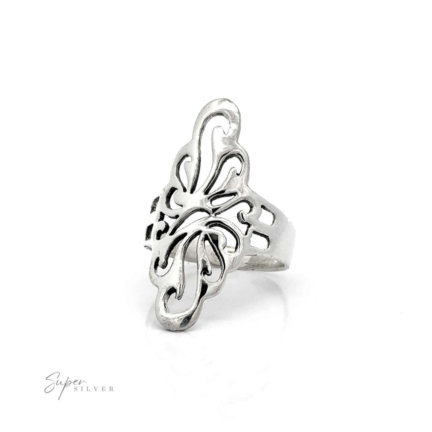 A stunning Silver Southwest Inspired Freeform Ring with an intricate southwest style pattern.
