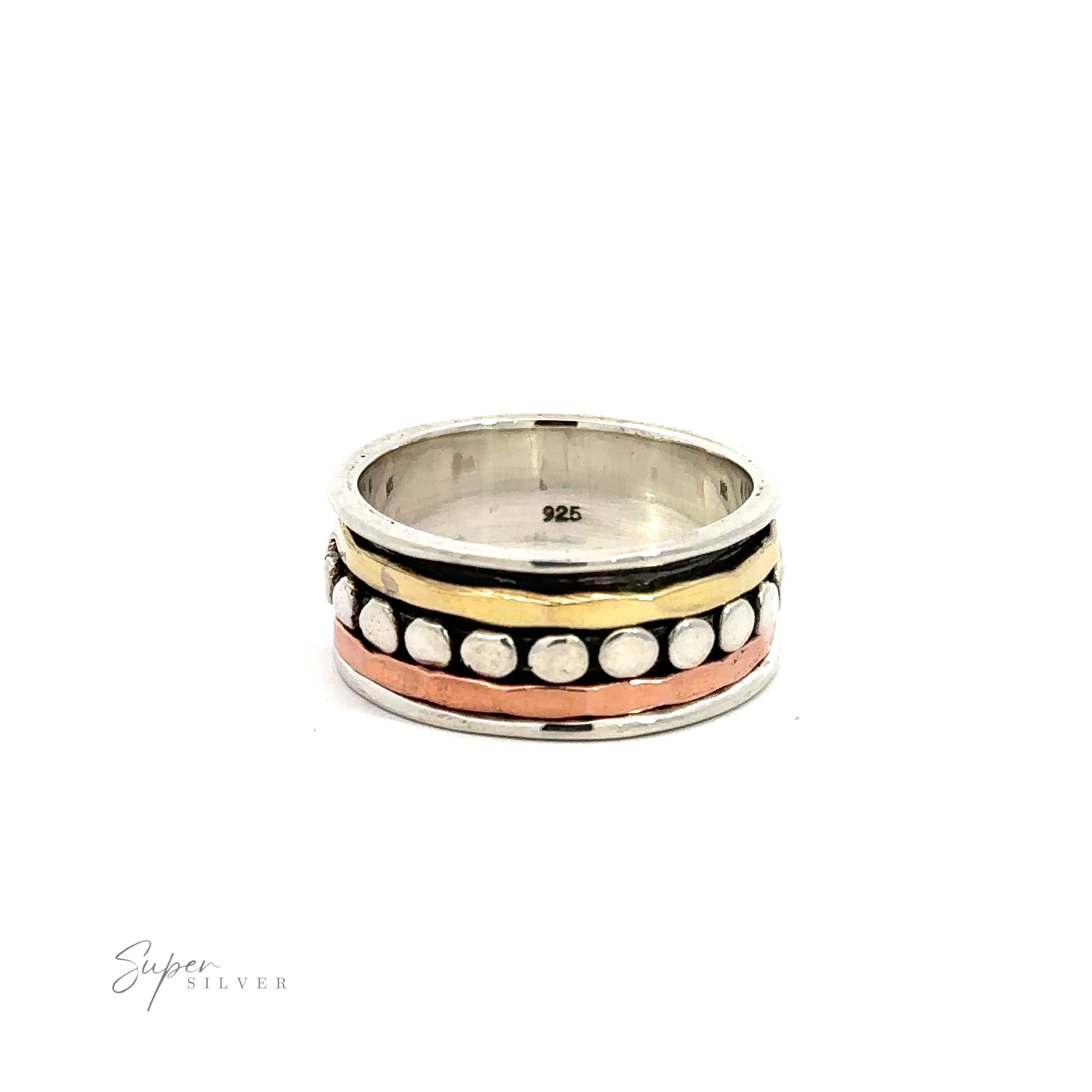A Tricolor Handmade Spinner Ring with Dots, perfect for adding to your jewelry collection.