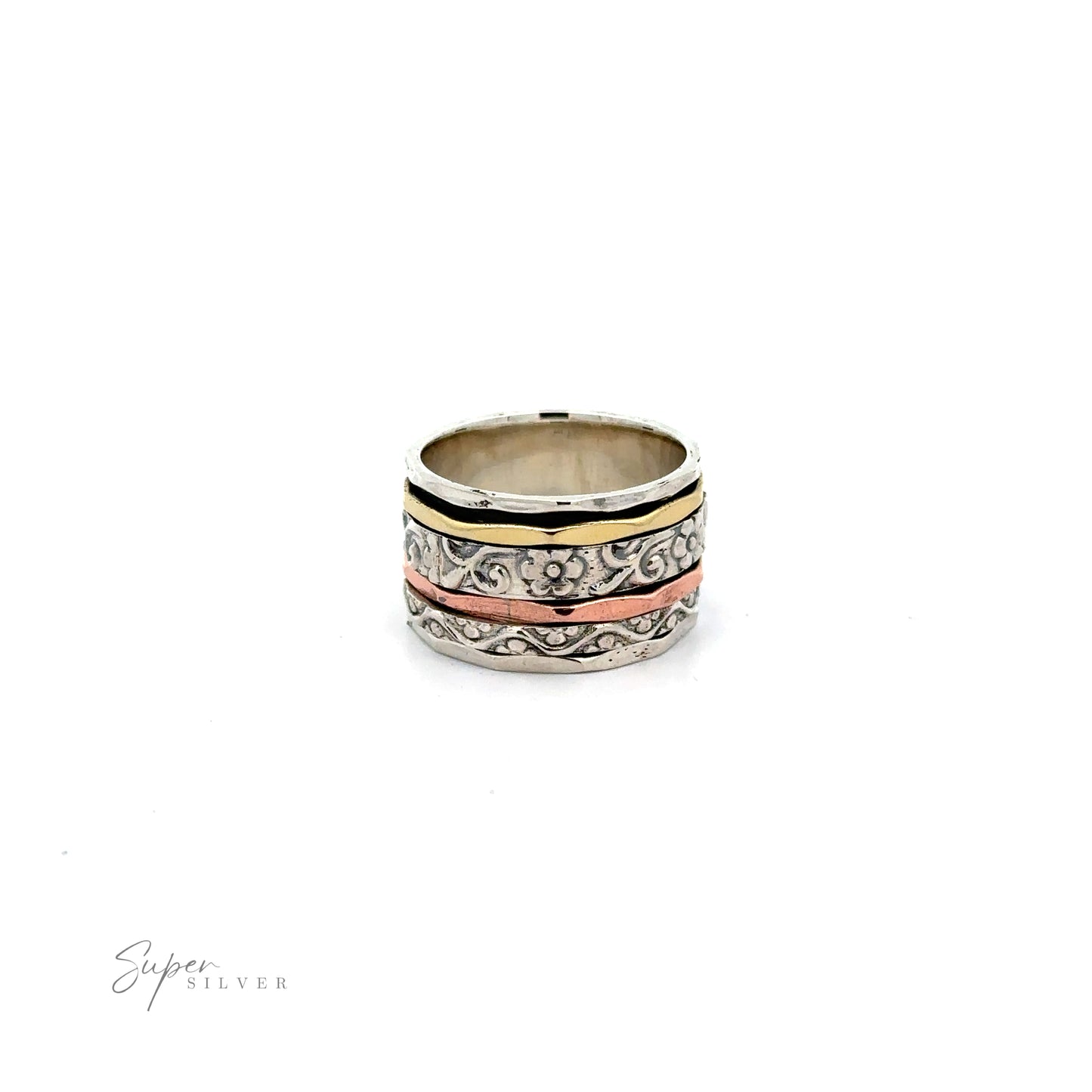 
                  
                    A Handmade Spinner Band with Flower Etching with gold and copper bands featuring etched flowers, displayed on a white background.
                  
                