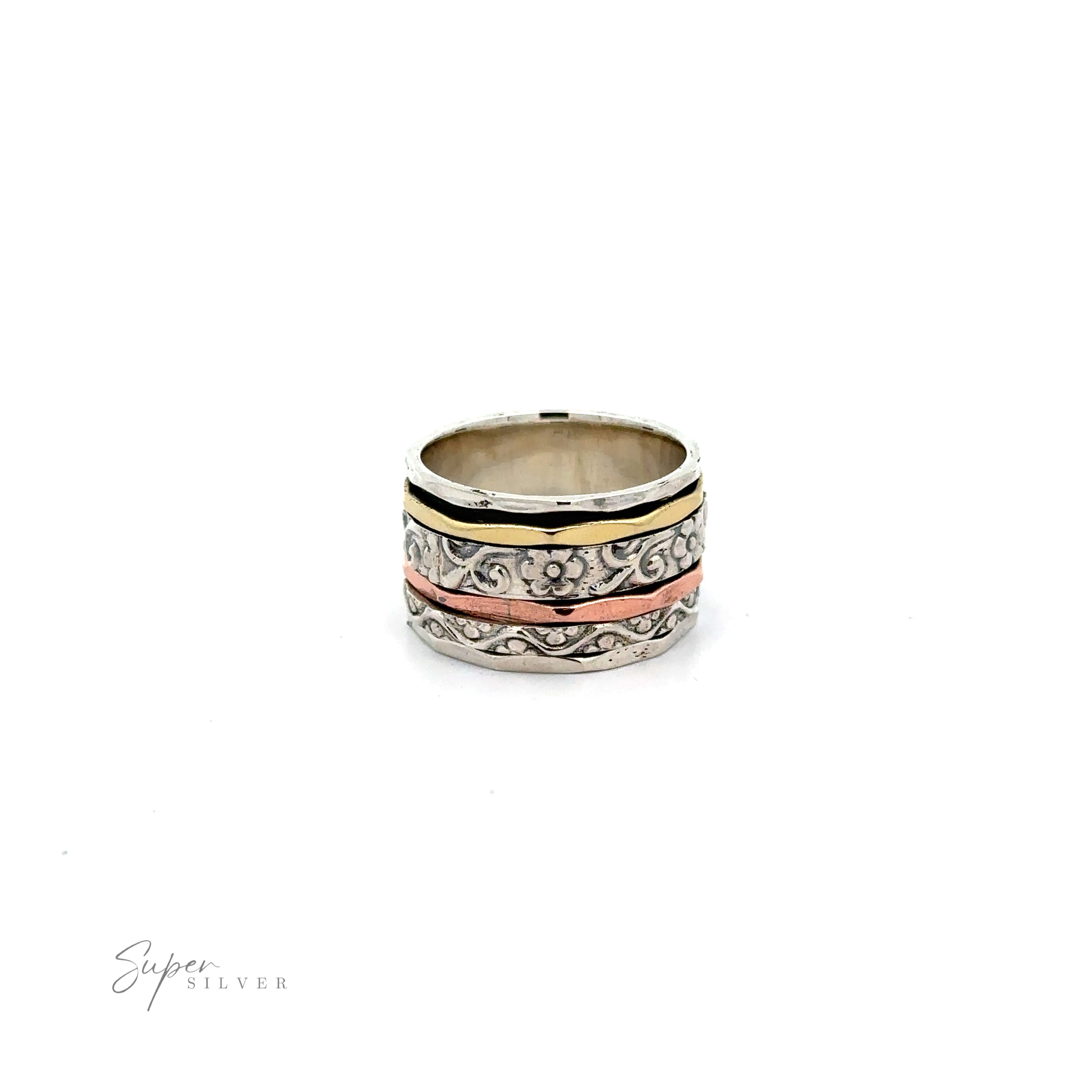A Handmade Spinner Band with Flower Etching with gold and copper bands featuring etched flowers, displayed on a white background.