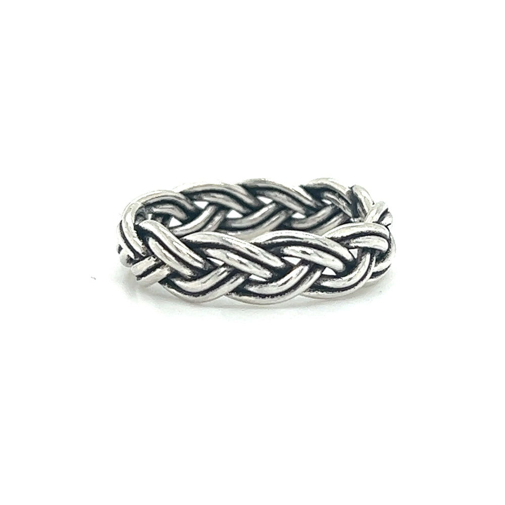 A Super Silver Double Braided Ring with silver strands on a white background.
