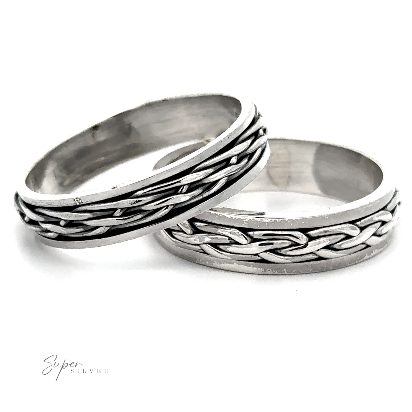 Two Unique Narrow Woven Spinner Bands with braided designs and woven wire texture.