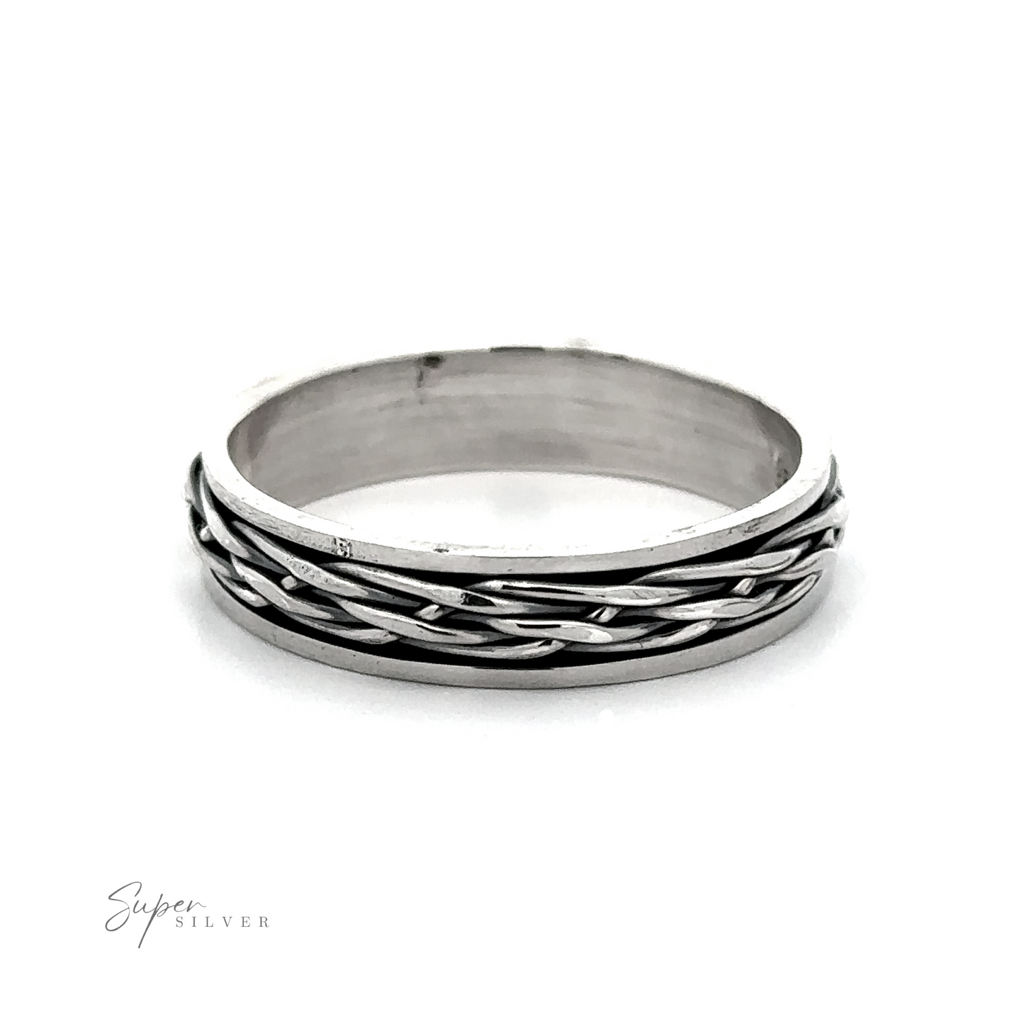 
                  
                    A silver Unique Narrow Woven Spinner Band with a woven wire texture.
                  
                