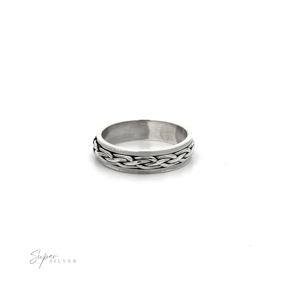 
                  
                    A silver Unique Narrow Woven Spinner Band with a braided design.
                  
                