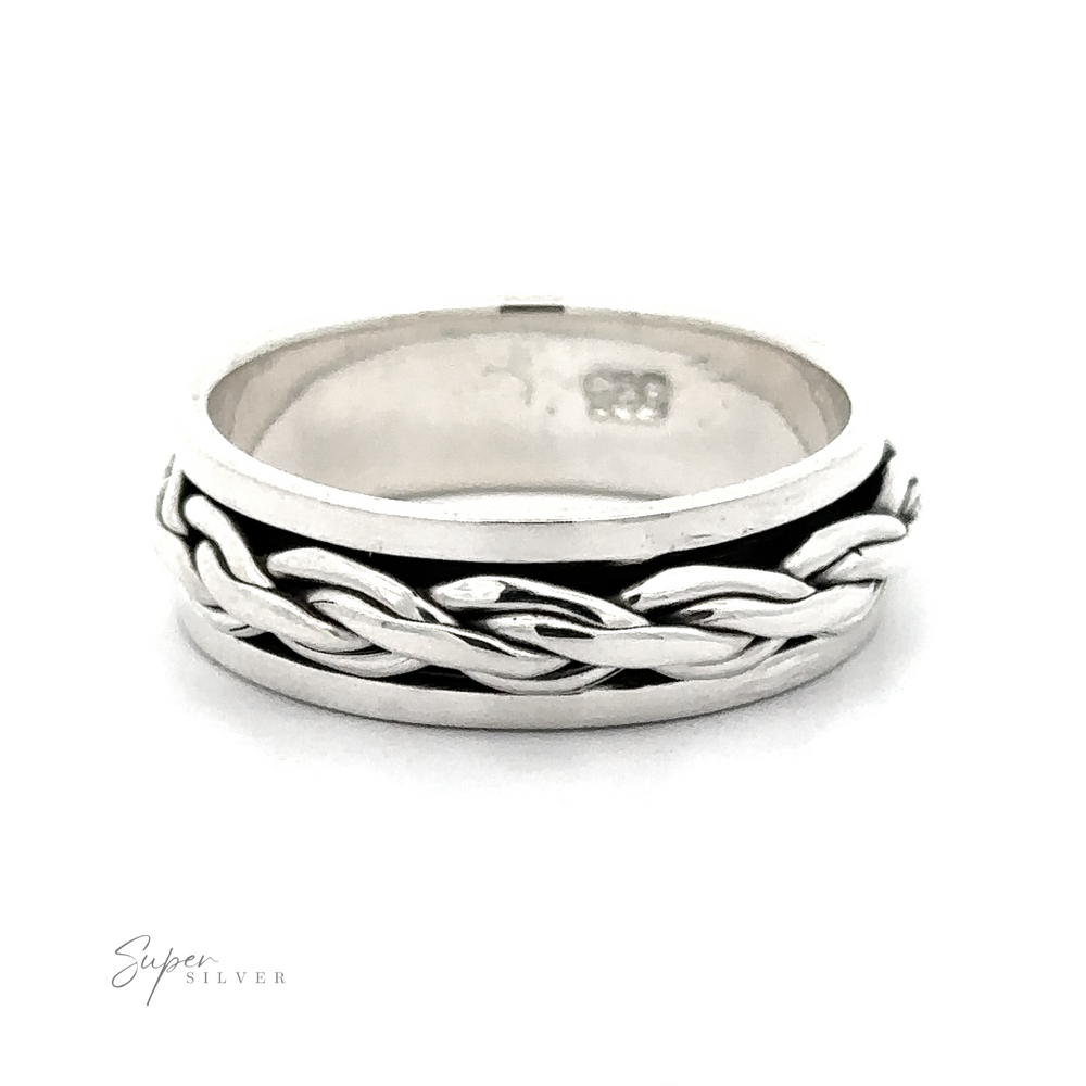 A silver chain link weave spinner ring with a braided design.
