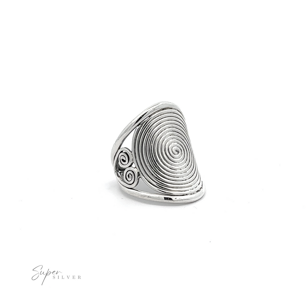 
                  
                    Adjustable Spiral Ring with a large spiral design and filigree detailing on a white background.
                  
                