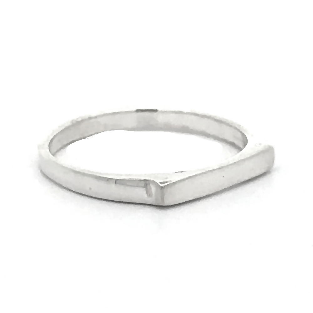 
                  
                    A thin, Dainty Silver Bar Ring with a flat top and a subtle cut-out design near the edge, embodying modern minimalism, set against a plain white background.
                  
                
