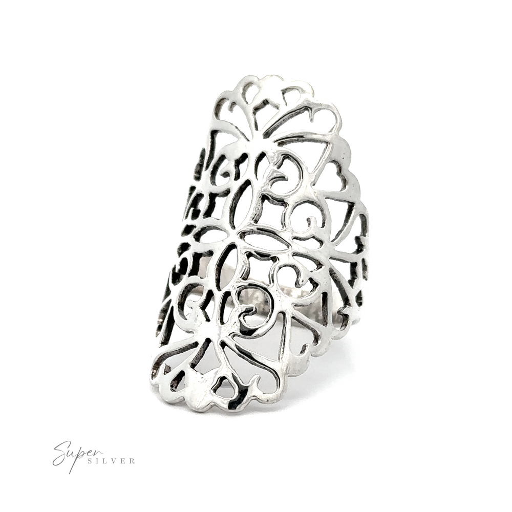 A vintage-inspired Filigree Shield Ring, perfect for adding a unique statement piece to your jewelry collection.