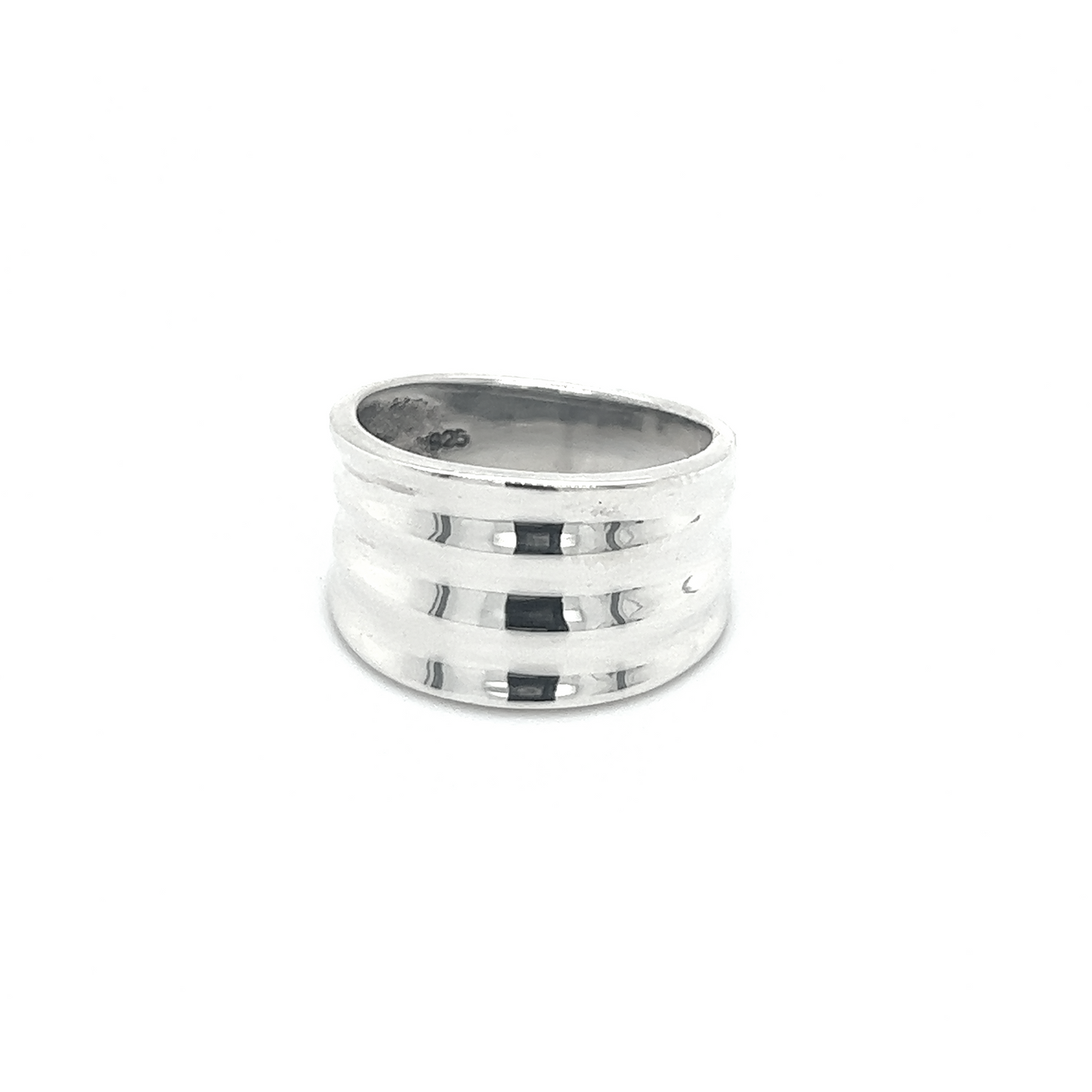 
                  
                    A Super Silver Wide Tapered Band with a striped pattern.
                  
                