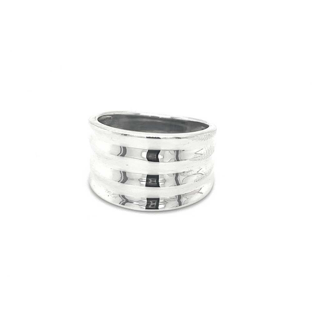 A Super Silver Wide Tapered Band with three stripes on it.