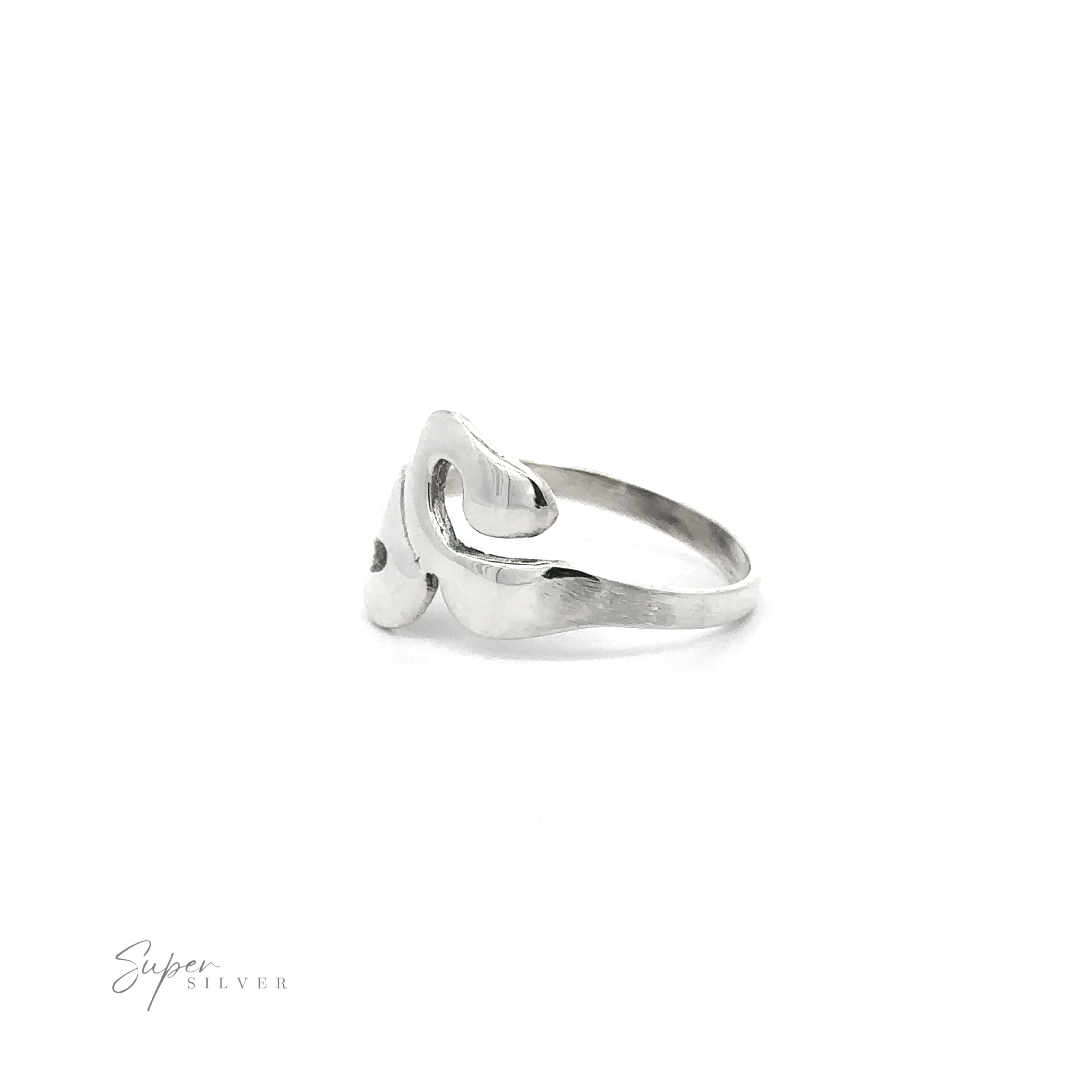 A silver Wavy Swirl Ring with a heart shaped design, showcasing a unique style.