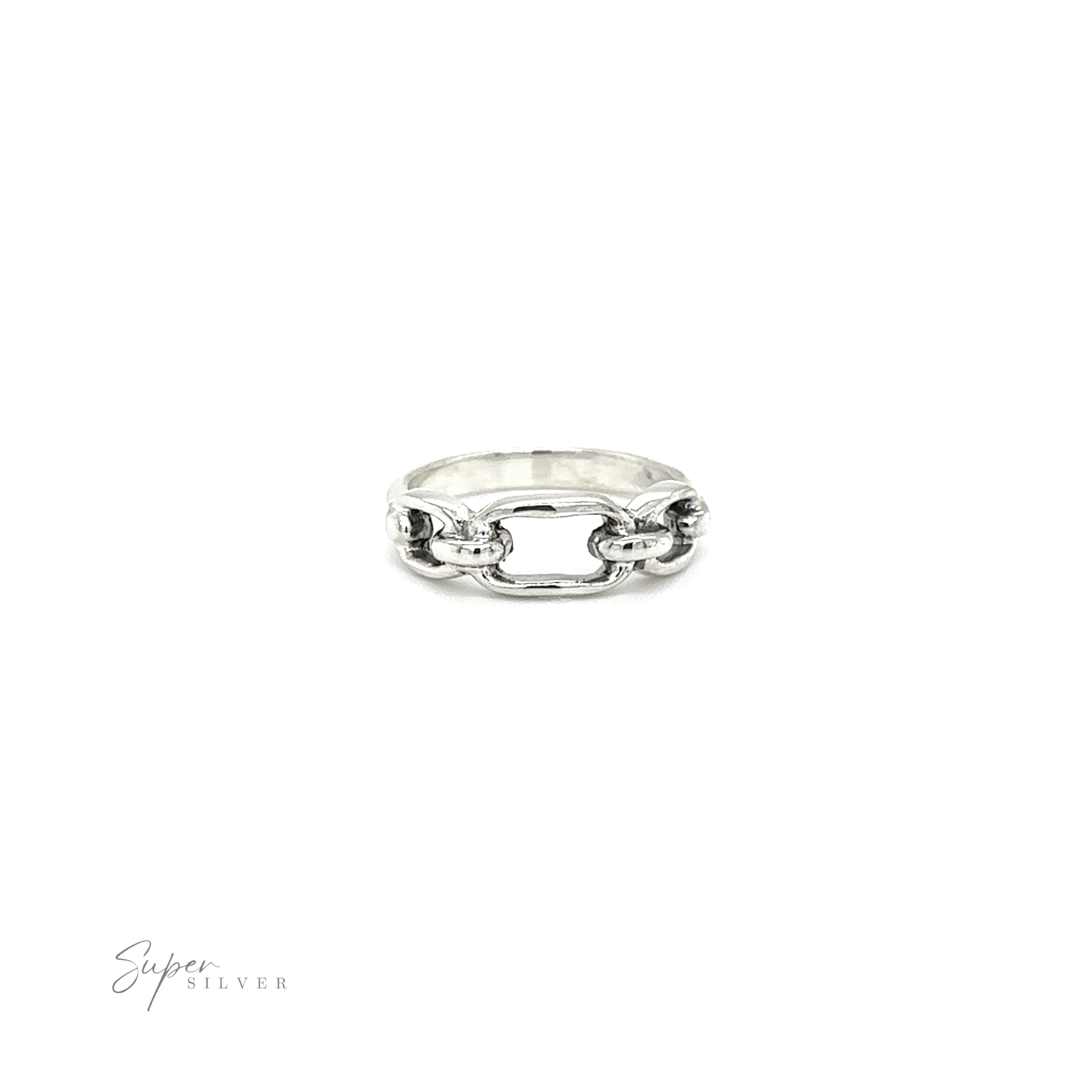 A modern fashion statement, the versatile Thick Chain Link Ring by Super Silver features a silver ring with a delicate chain.