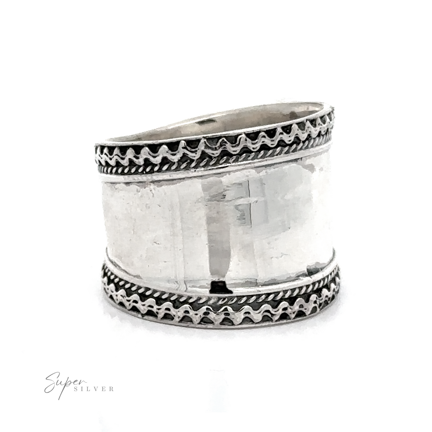 A Wide Silver Band with Etched Border ring with a rope pattern.