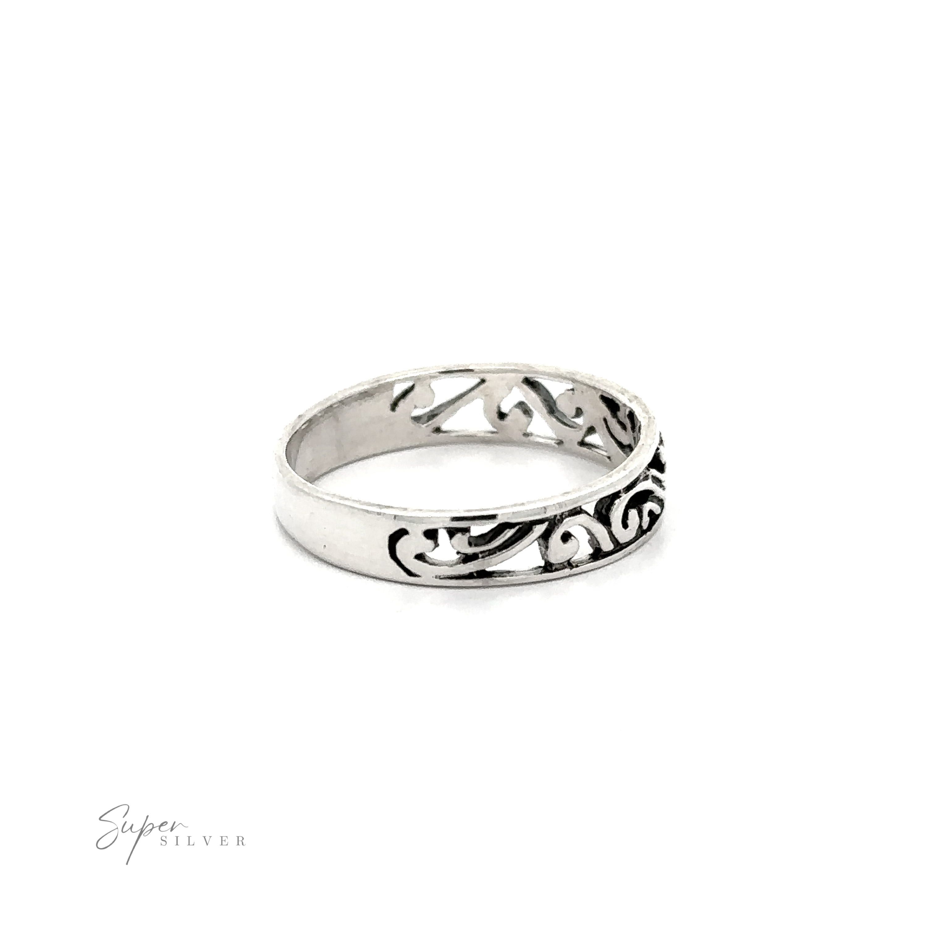 A sterling silver ring with a Beautiful Open Filigree Band.