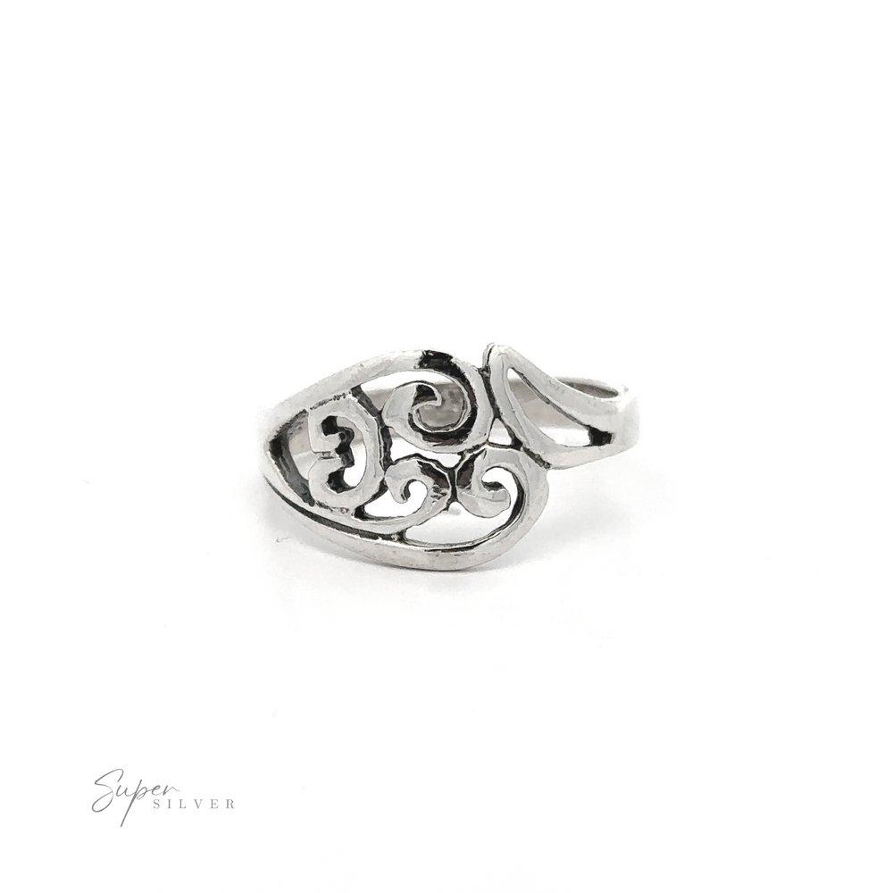 A silver Swoopy and Spiral Ring with an intricate design, boasting contemporary appeal.