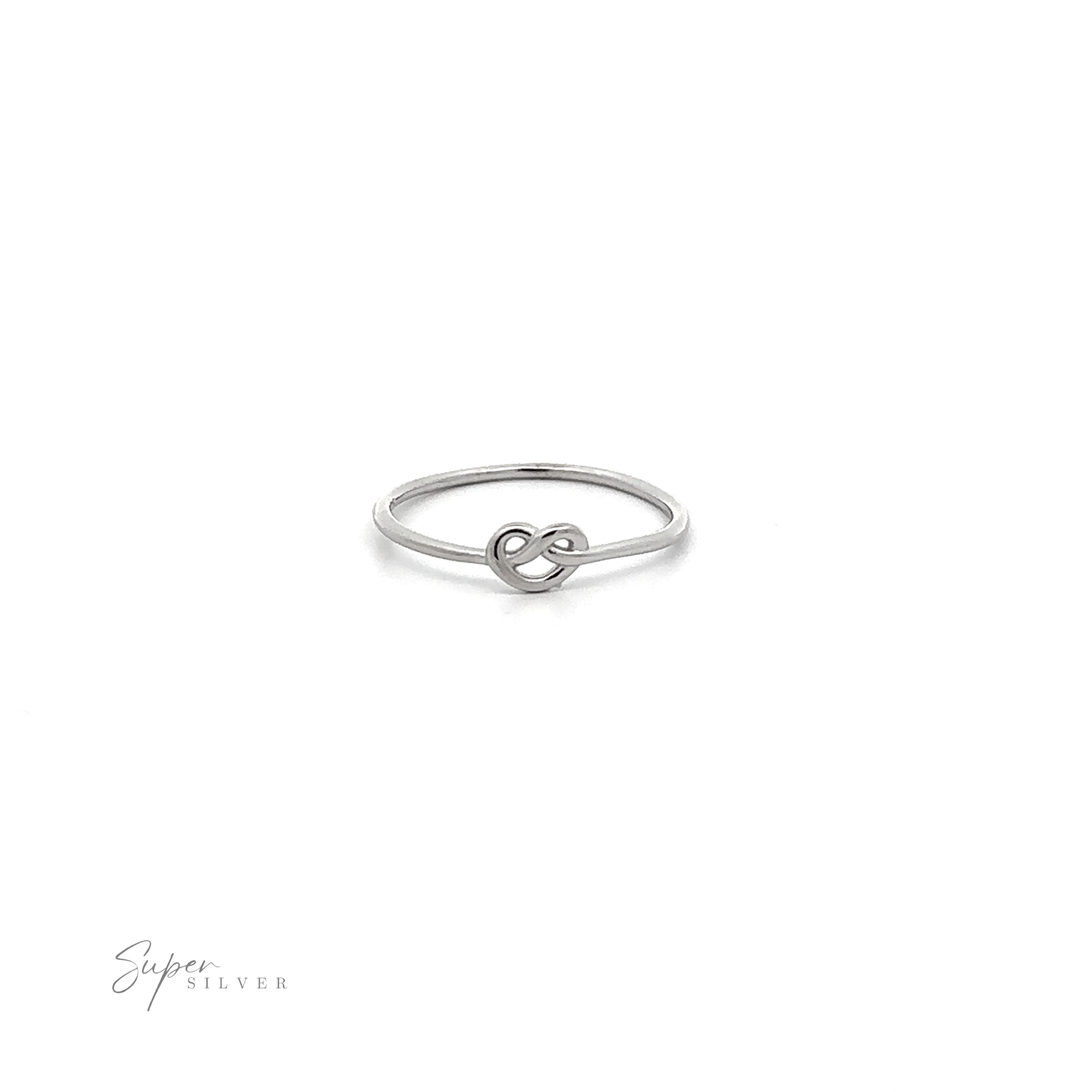 A .925 Sterling Silver Love Knot Ring with a small heart on it.